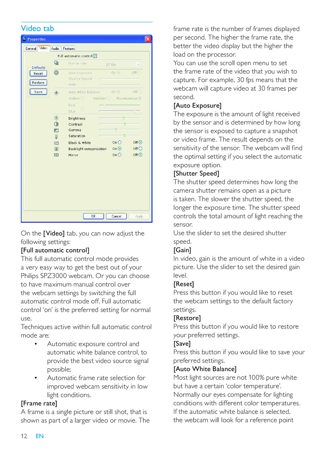 Philips SPZ3000/00 user manual Video tab, 12 EN 