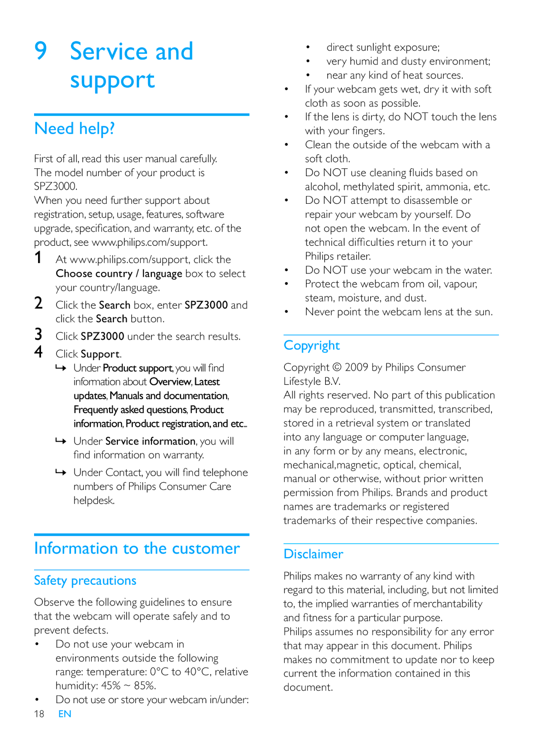 Philips SPZ3000/00 user manual Need help?, Information to the customer, Safety precautions, Copyright, Disclaimer 