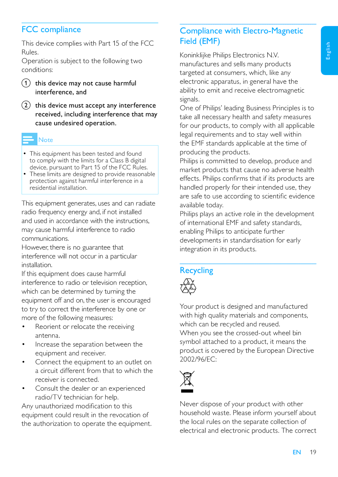 Philips SPZ3000/00 user manual FCC compliance, Compliance with Electro-Magnetic Field EMF, Recycling 