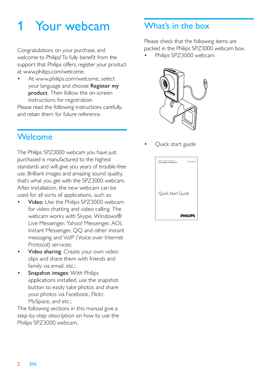 Philips SPZ3000/00 Your webcam, What’s in the box, Welcome, Instructions for registration, Philips SPZ3000 webcam 