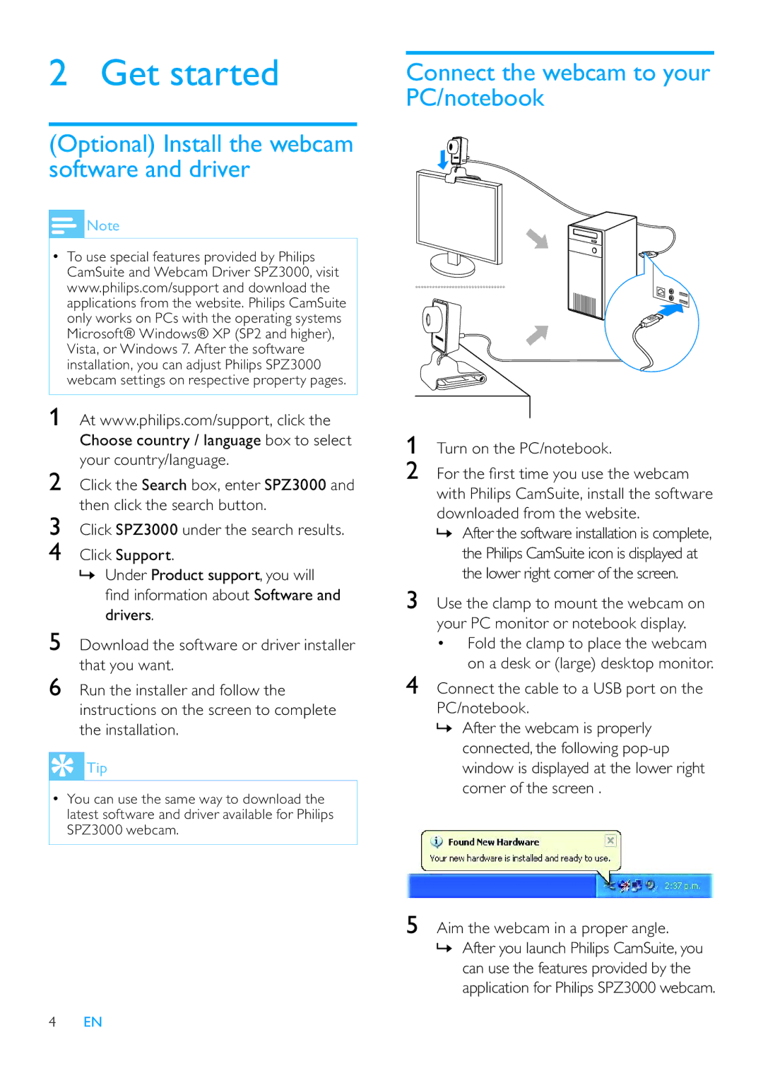 Philips SPZ3000/00 user manual Get started, Connect the webcam to your PC/notebook, Turn on the PC/notebook 