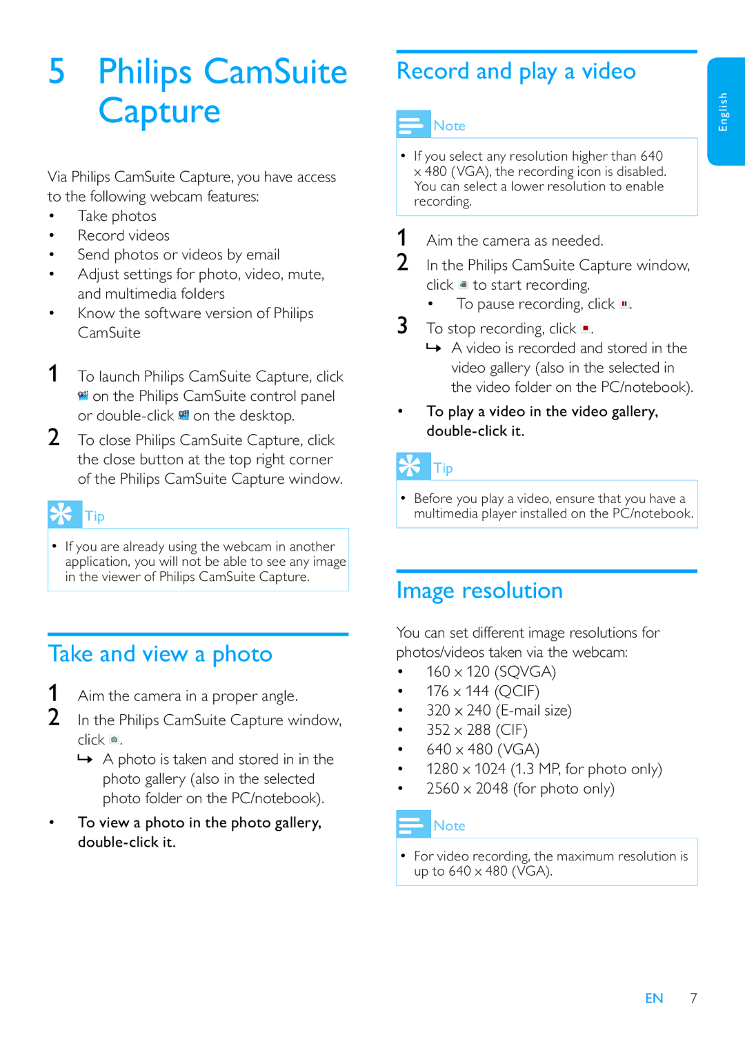 Philips SPZ3000/00 user manual Take and view a photo, Record and play a video, Image resolution 