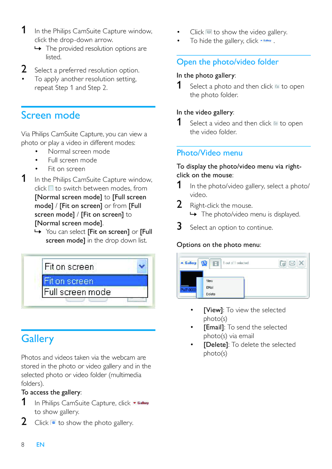 Philips SPZ3000/00 user manual Screen mode, Gallery, Open the photo/video folder, Photo/Video menu 