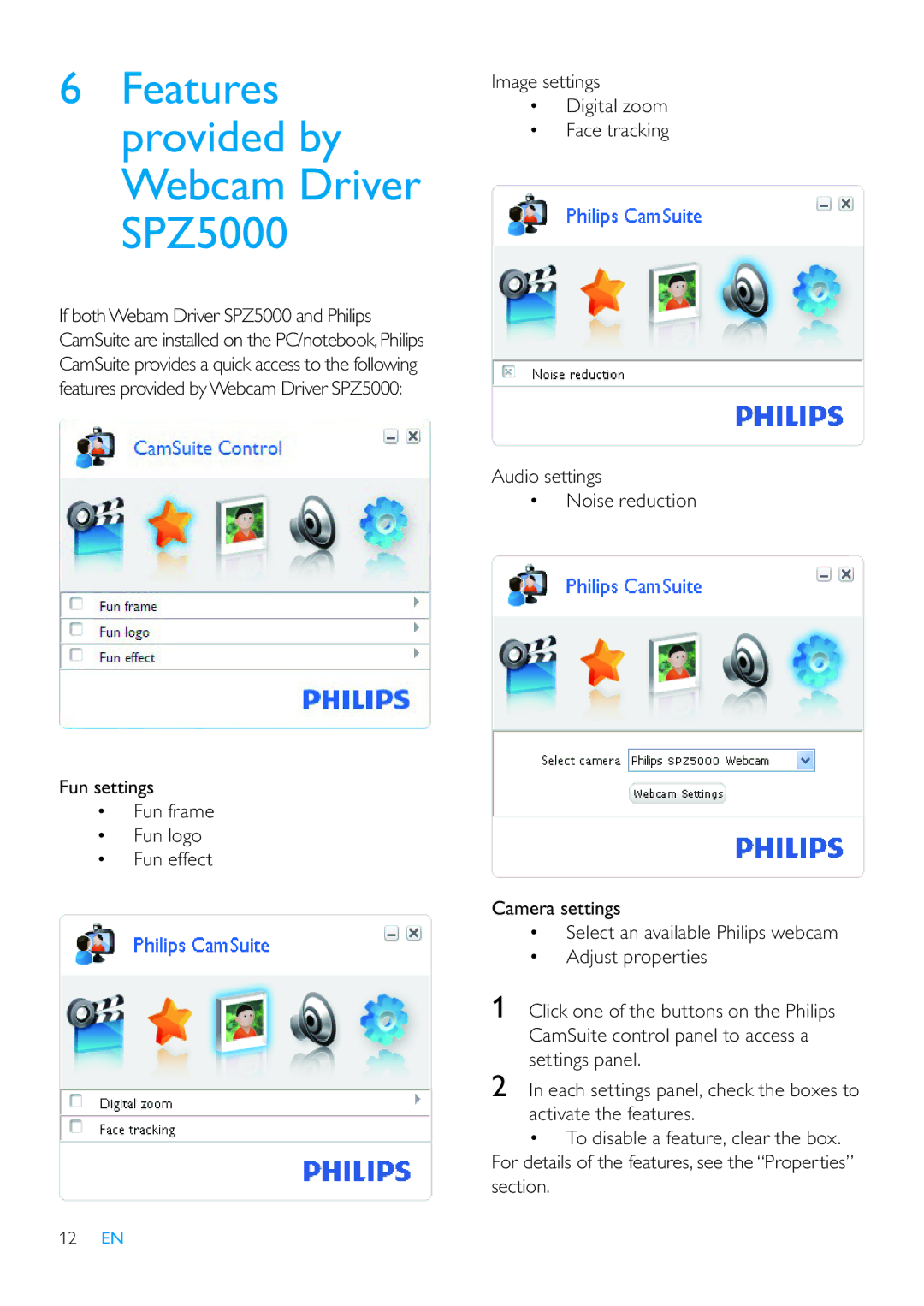 Philips user manual Features provided by Webcam Driver SPZ5000 