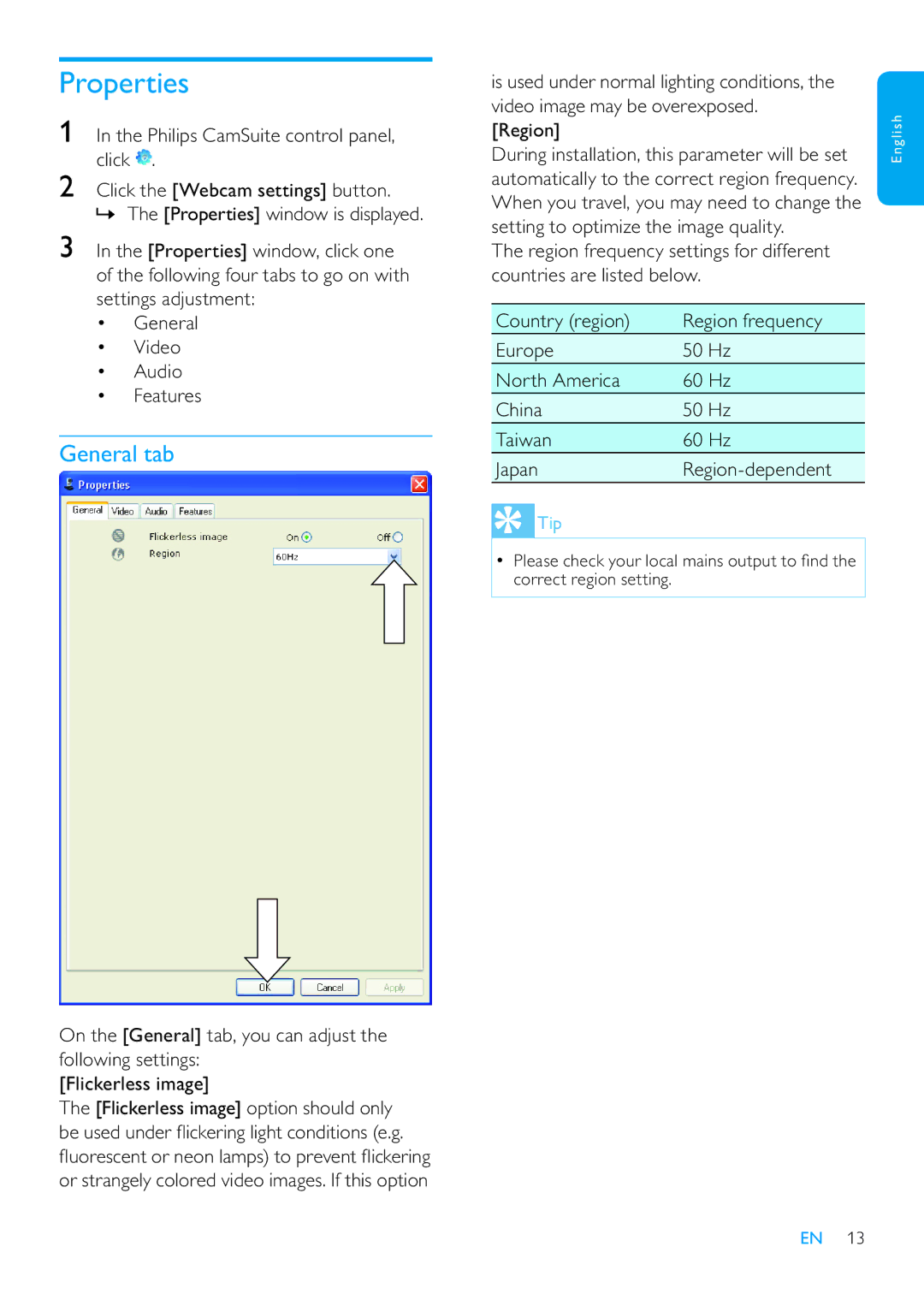 Philips SPZ5000 user manual Properties, General tab, Philips CamSuite control panel, click 