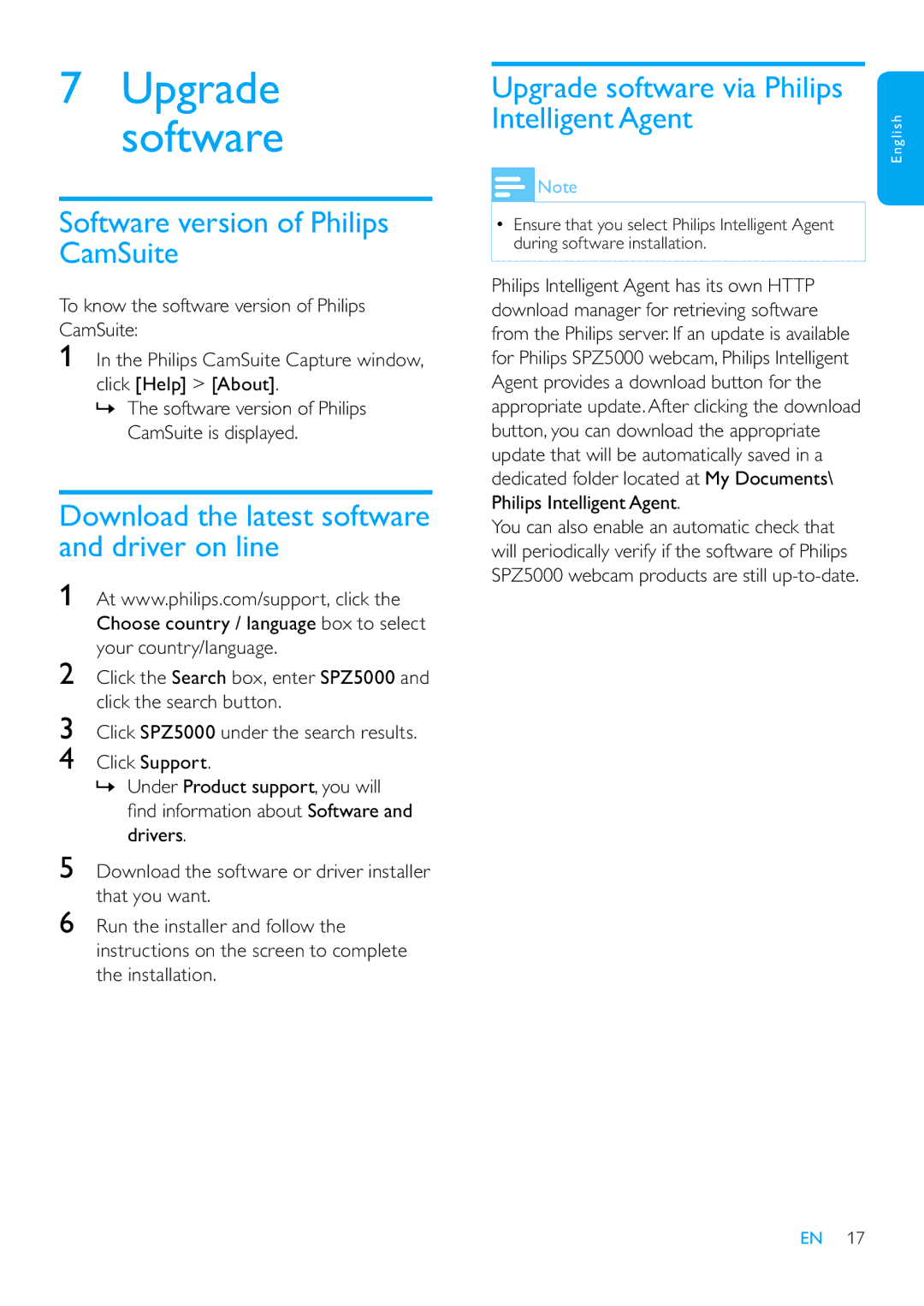 Philips SPZ5000 user manual Software version of Philips CamSuite, Download the latest software and driver on line 