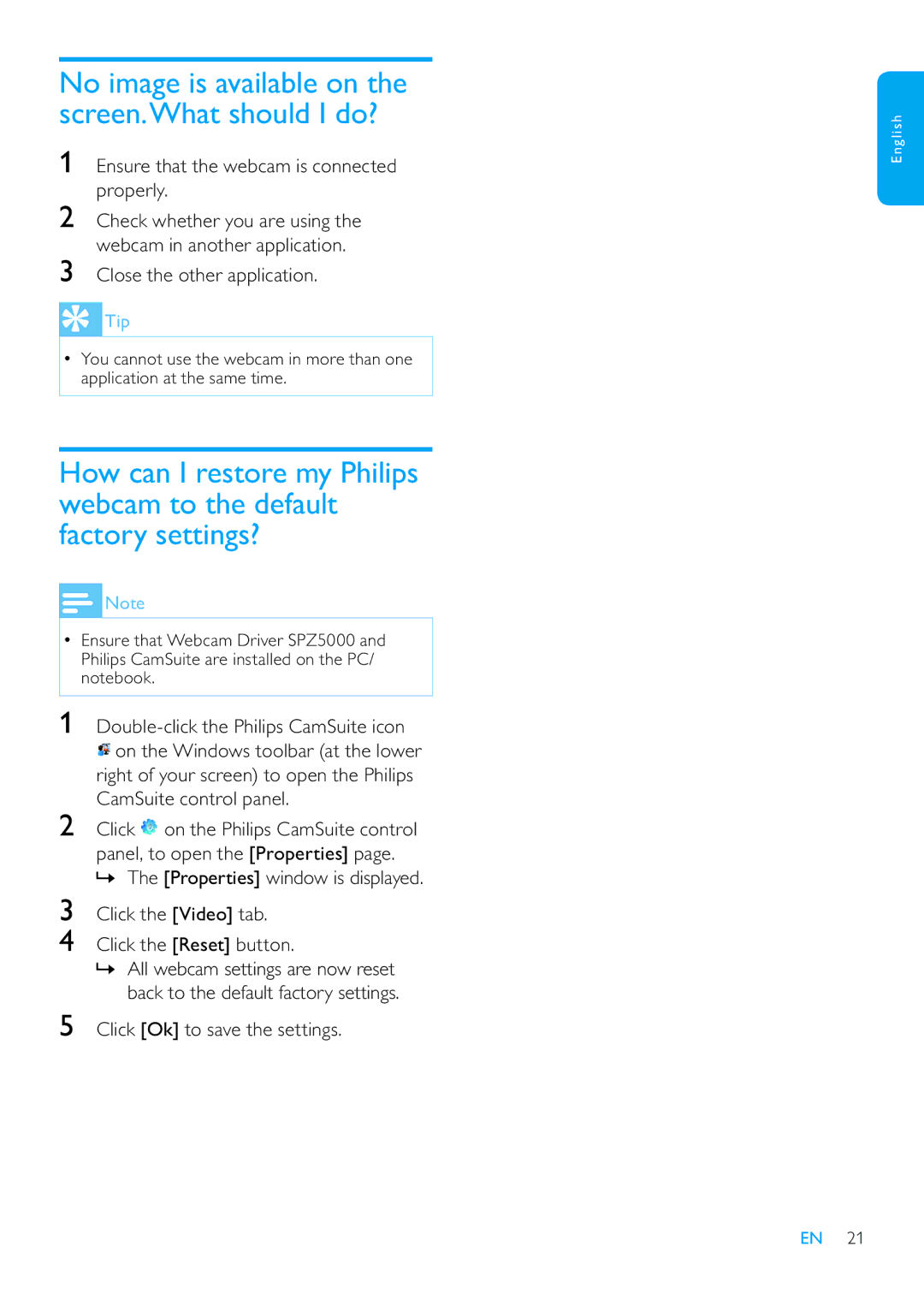 Philips SPZ5000 Ensure that the webcam is connected properly, Close the other application, Click Ok to save the settings 