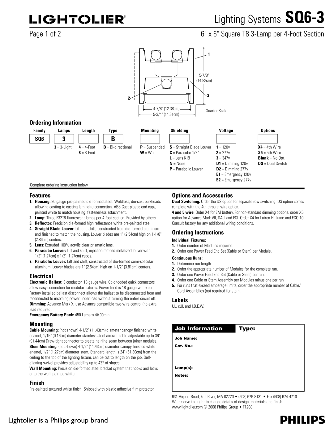 Philips SQ6-3 manual Ordering Information, Features, Electrical, Mounting, Finish, Options and Accessories, Labels 