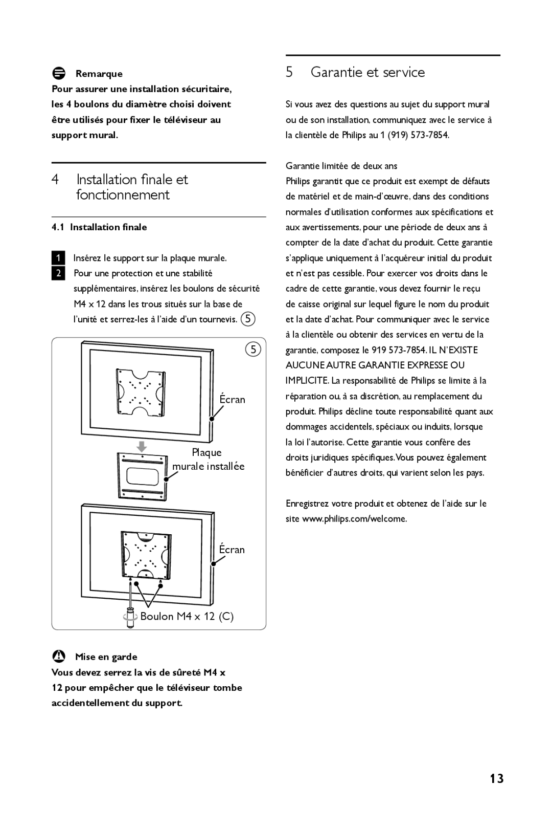 Philips SQM4122/27 manual Garantie et service, Installation finale, Insérez le support sur la plaque murale 