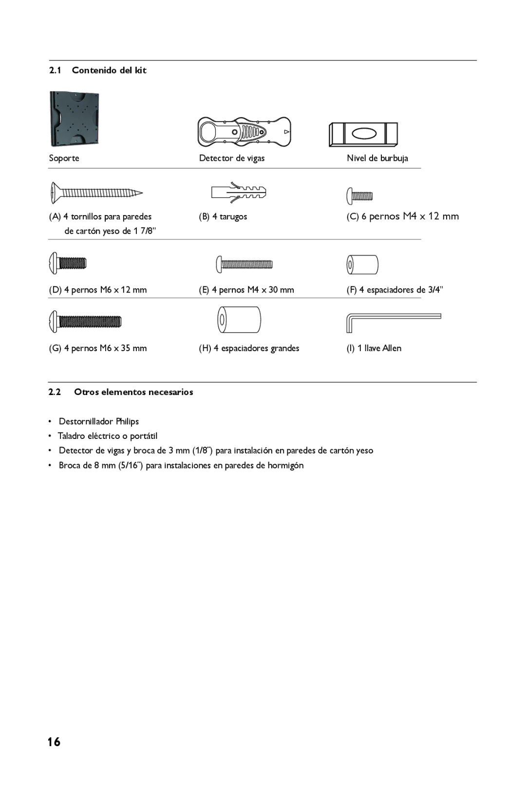 Philips SQM4122 Contenido del kit, De cartón yeso de 1 7/8 Pernos M6 x 12 mm Pernos M4 x 30 mm, Otros elementos necesarios 