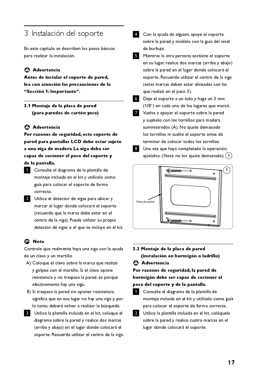 Philips SQM4122/27 manual Instalación del soporte, Nota, Si traspasa la pared sin oponer resistencia 