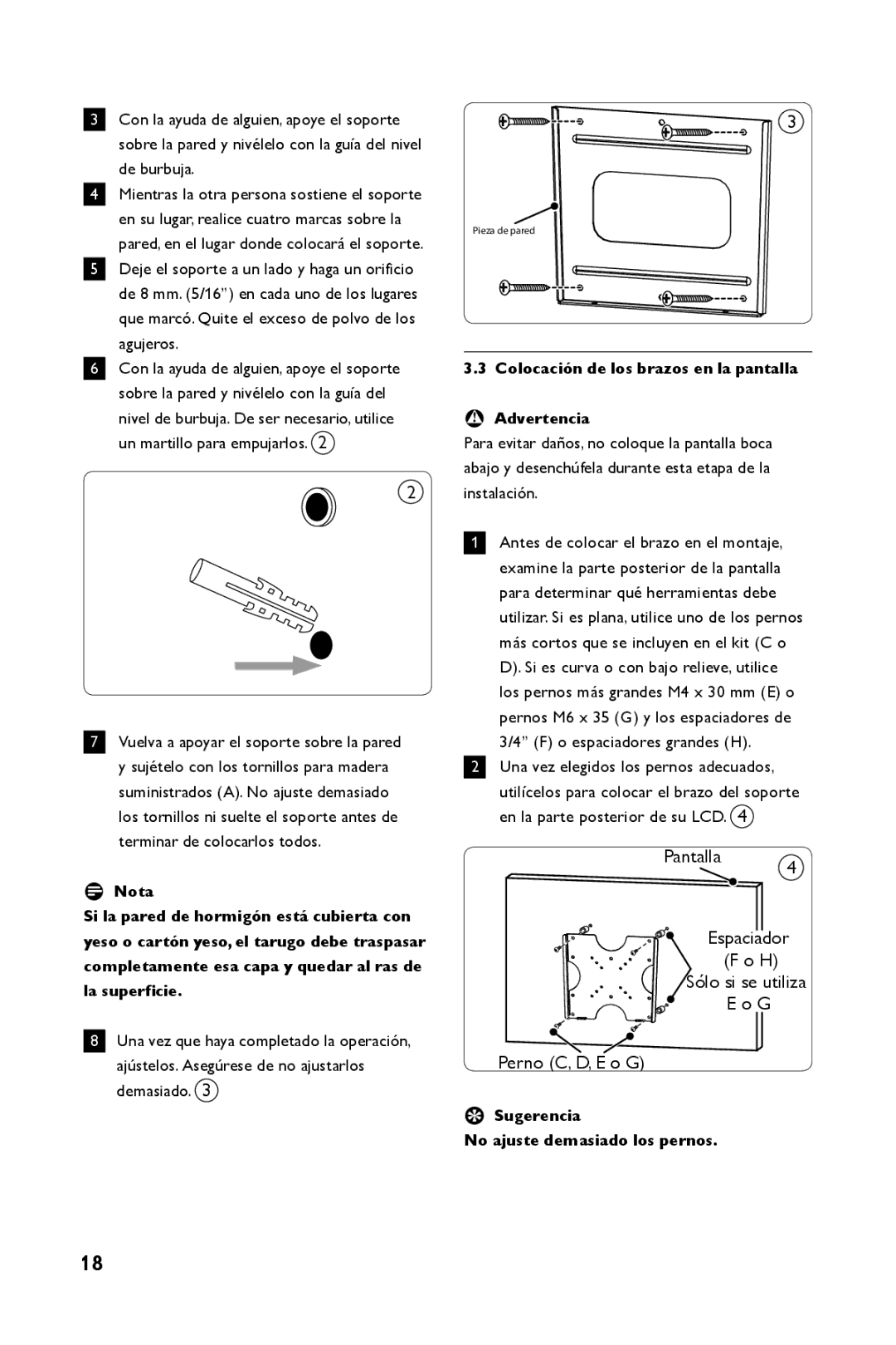 Philips SQM4122/27 manual Colocación de los brazos en la pantalla Advertencia, O espaciadores grandes H 