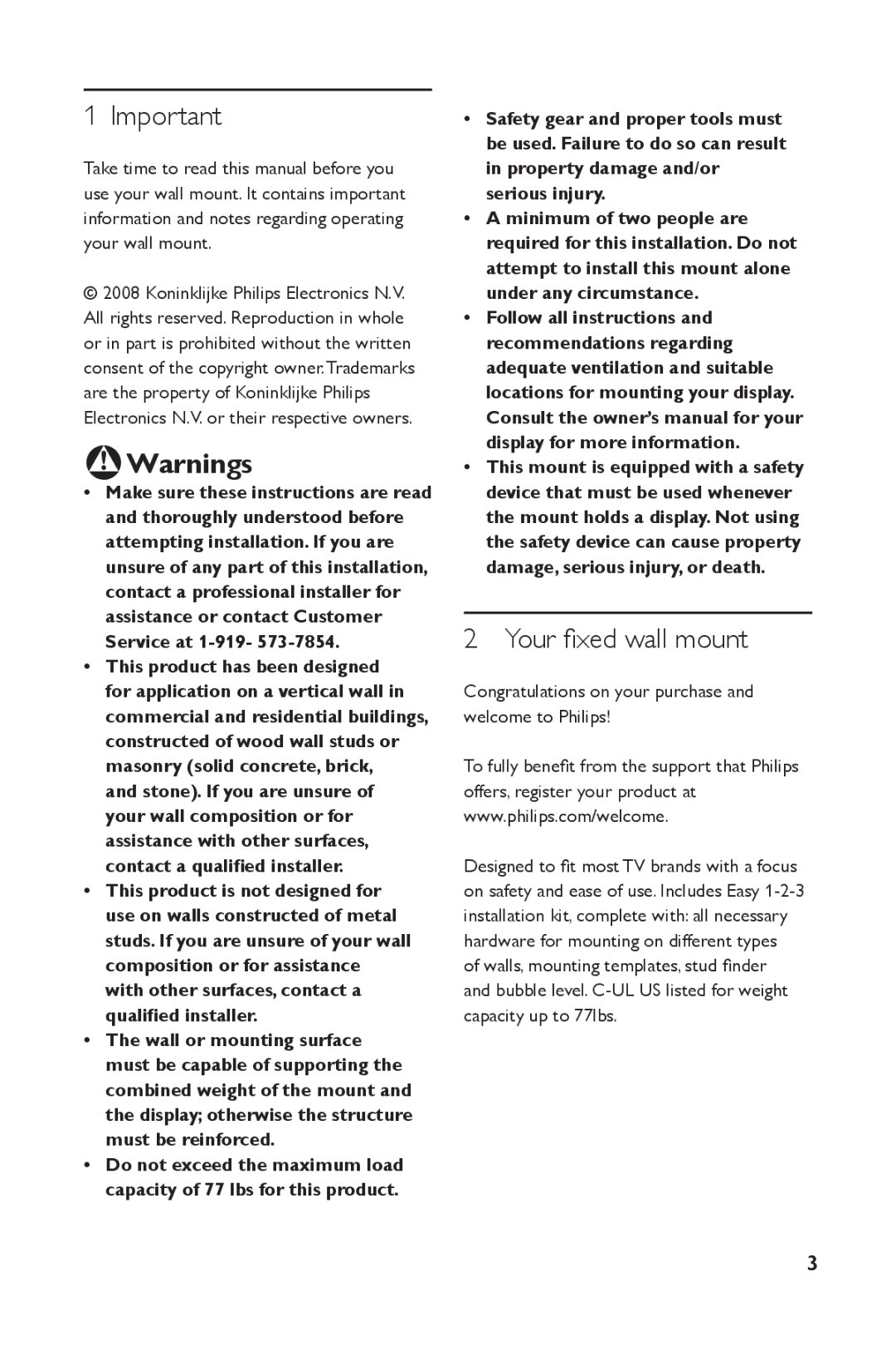 Philips SQM4122/27 manual BWarnings, Your fixed wall mount 