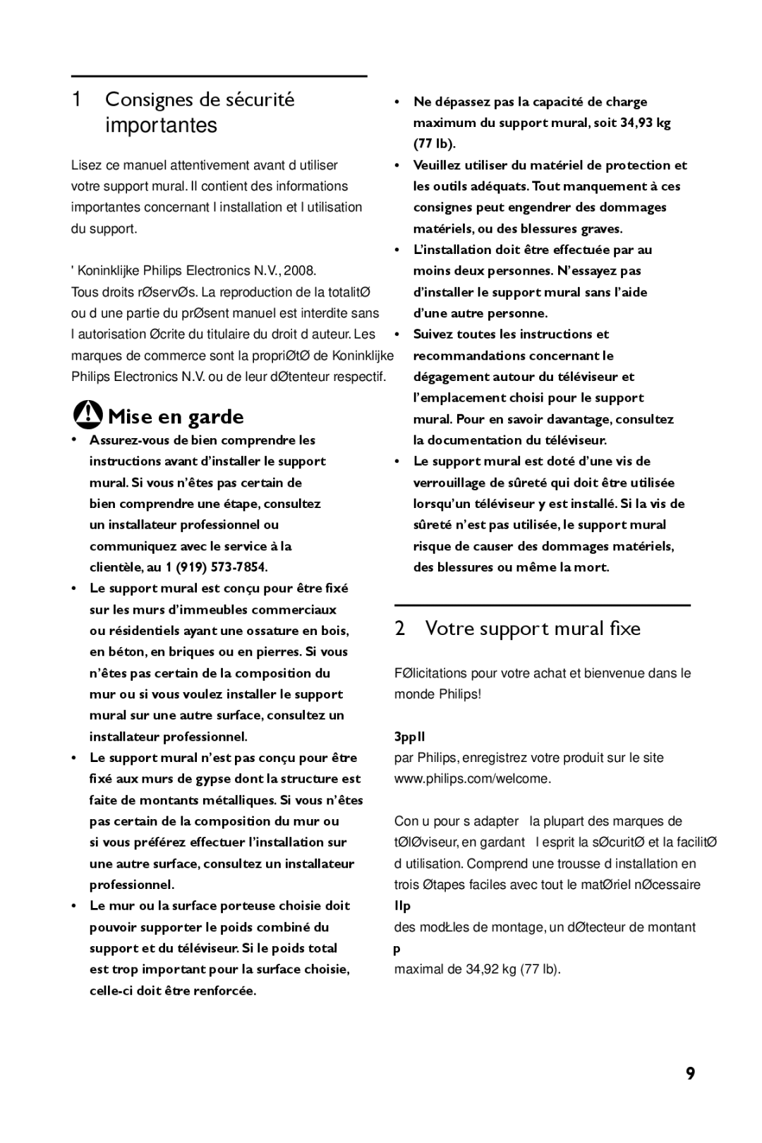 Philips SQM4122/27 manual Votre support mural fixe, Consignes de sécurité importantes 