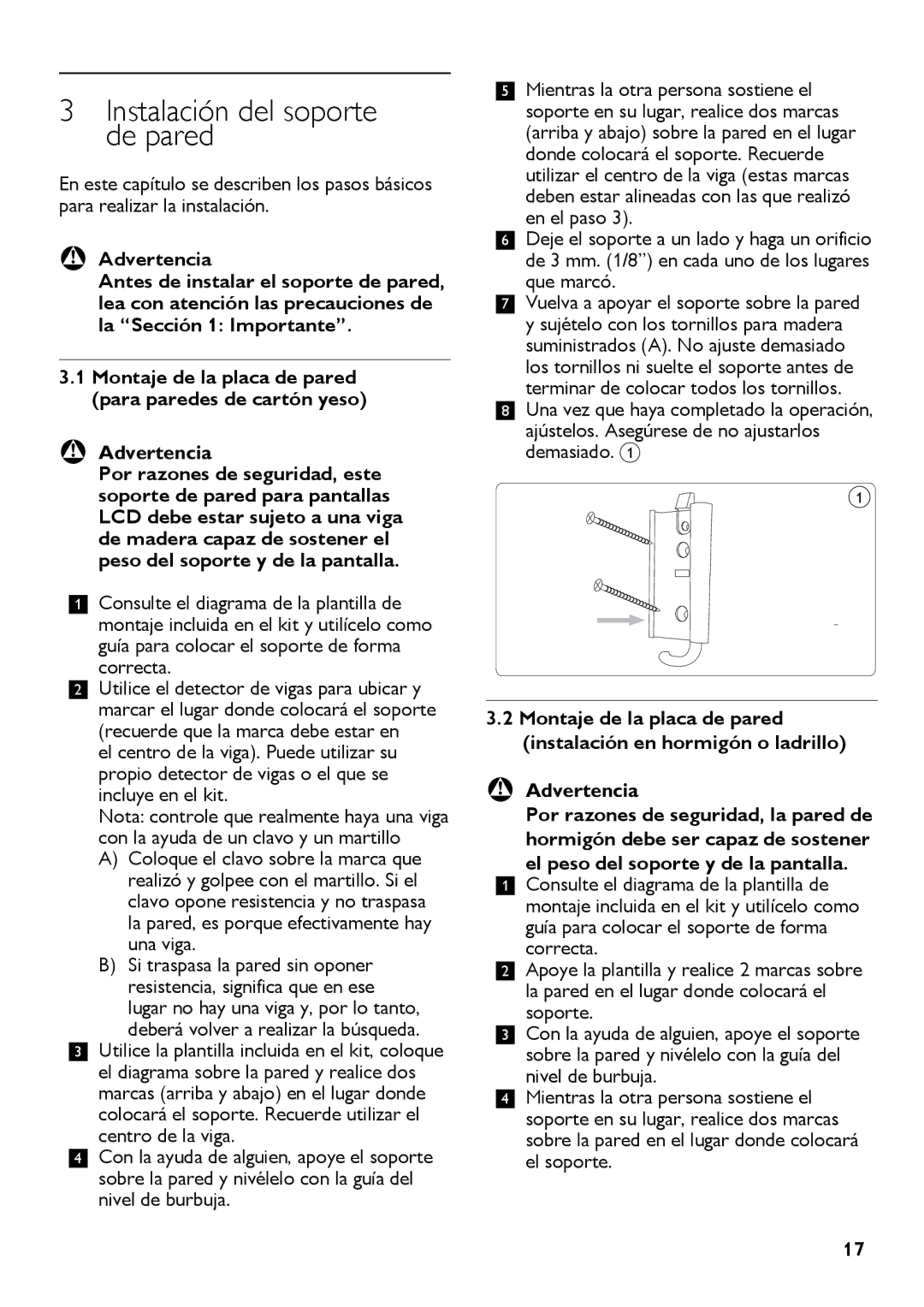 Philips SQM4512 manual Instalación del soporte de pared, El peso del soporte y de la pantalla 