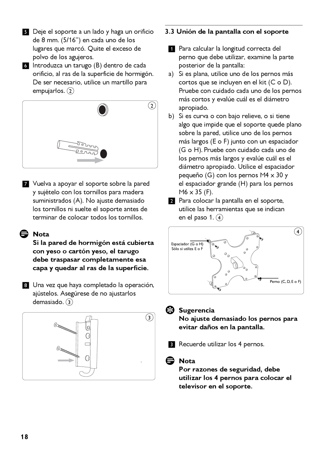 Philips SQM4512 manual Unión de la pantalla con el soporte, Recuerde utilizar los 4 pernos 