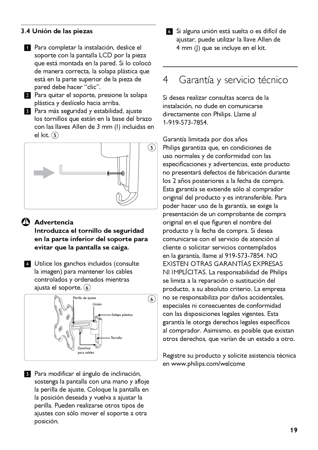 Philips SQM4512 manual Garantía y servicio técnico, Unión de las piezas 