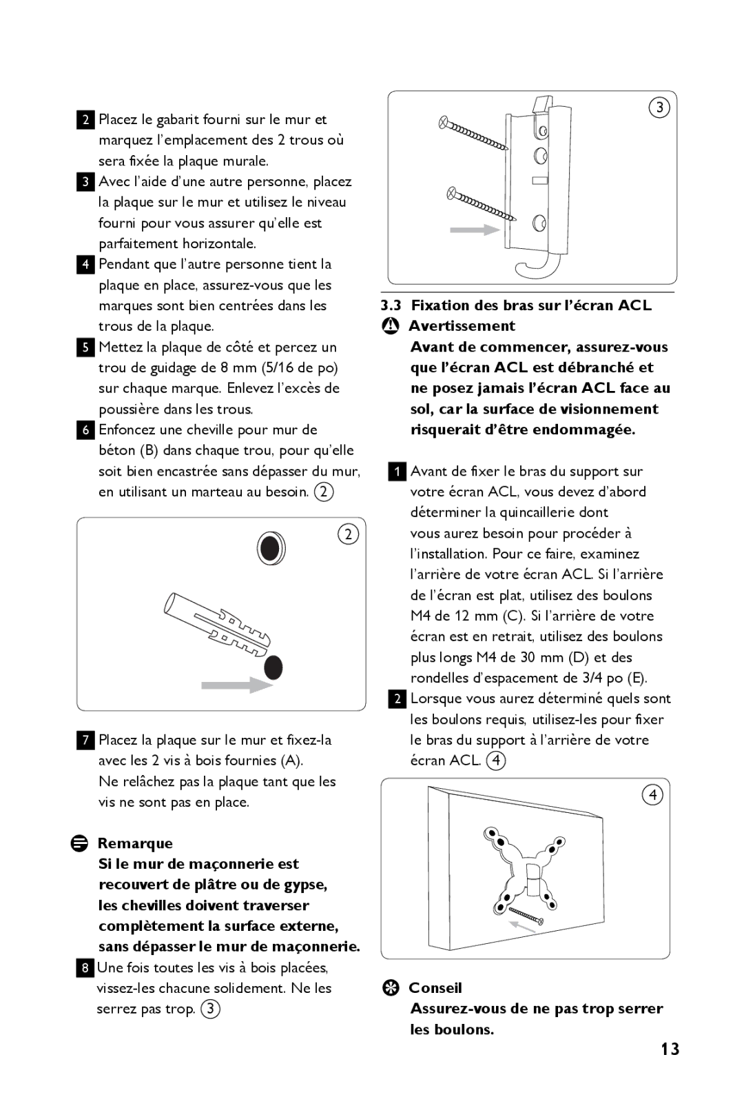 Philips SQM4712/27 manual Conseil Assurez-vous de ne pas trop serrer les boulons 