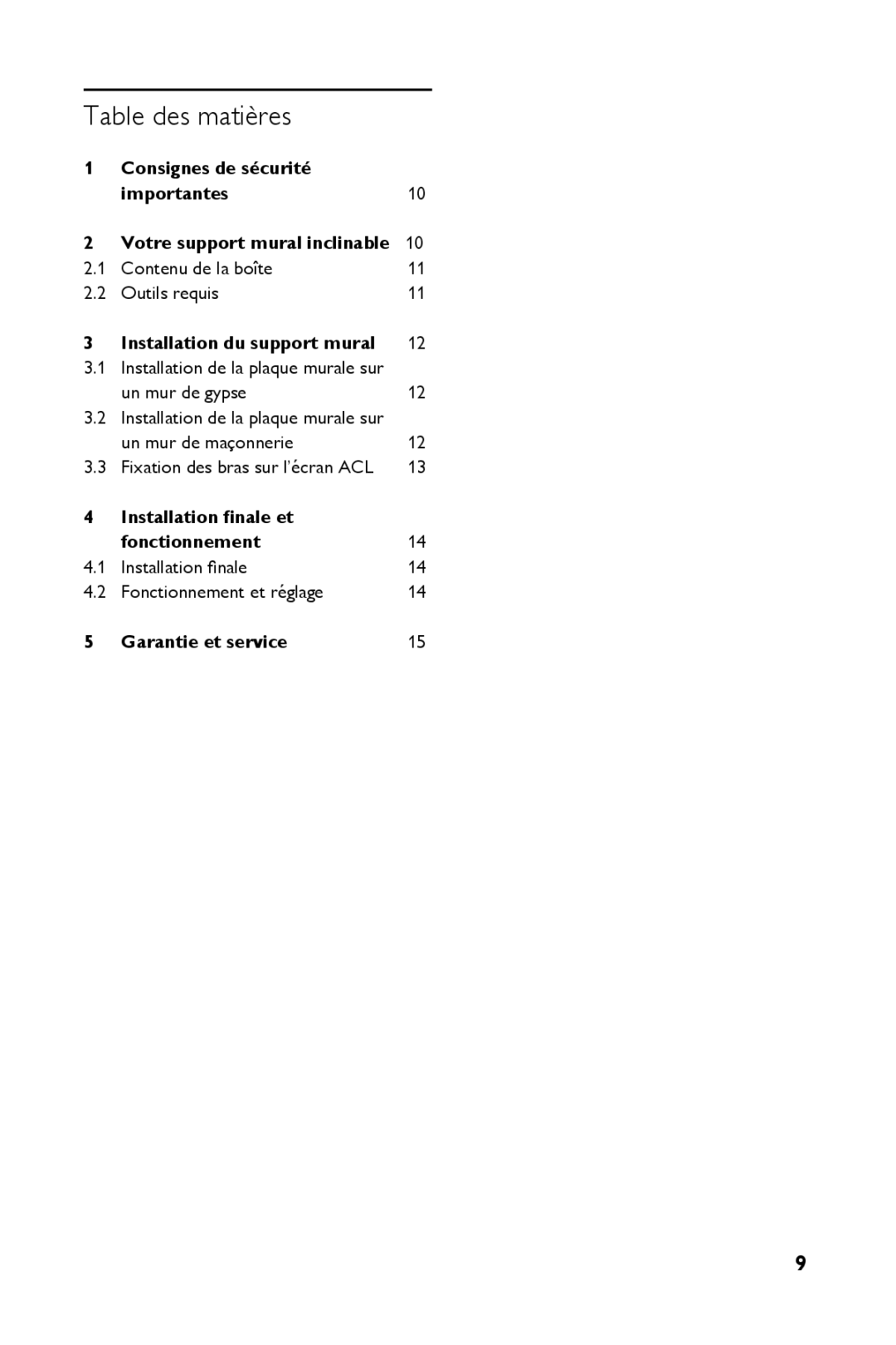 Philips SQM4712/27 manual Table des matières, Installation du support mural, Installation finale et Fonctionnement 