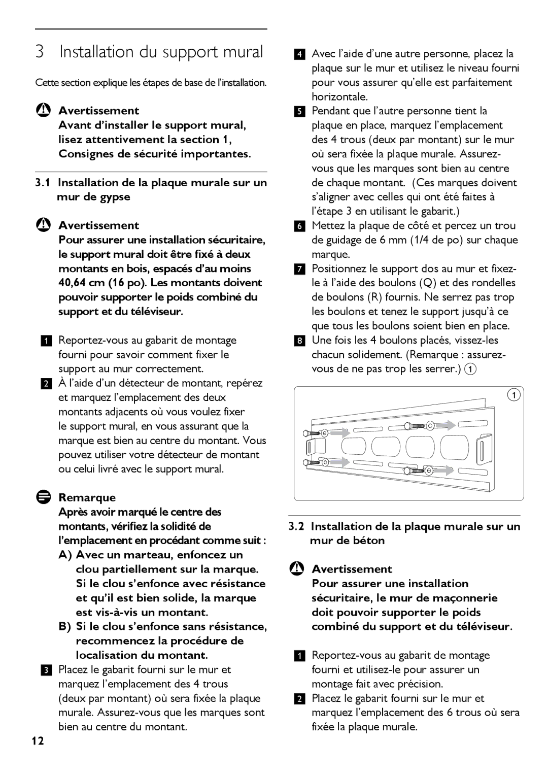 Philips SQM5222/27 manual Installation du support mural, Avertissement, Remarque 