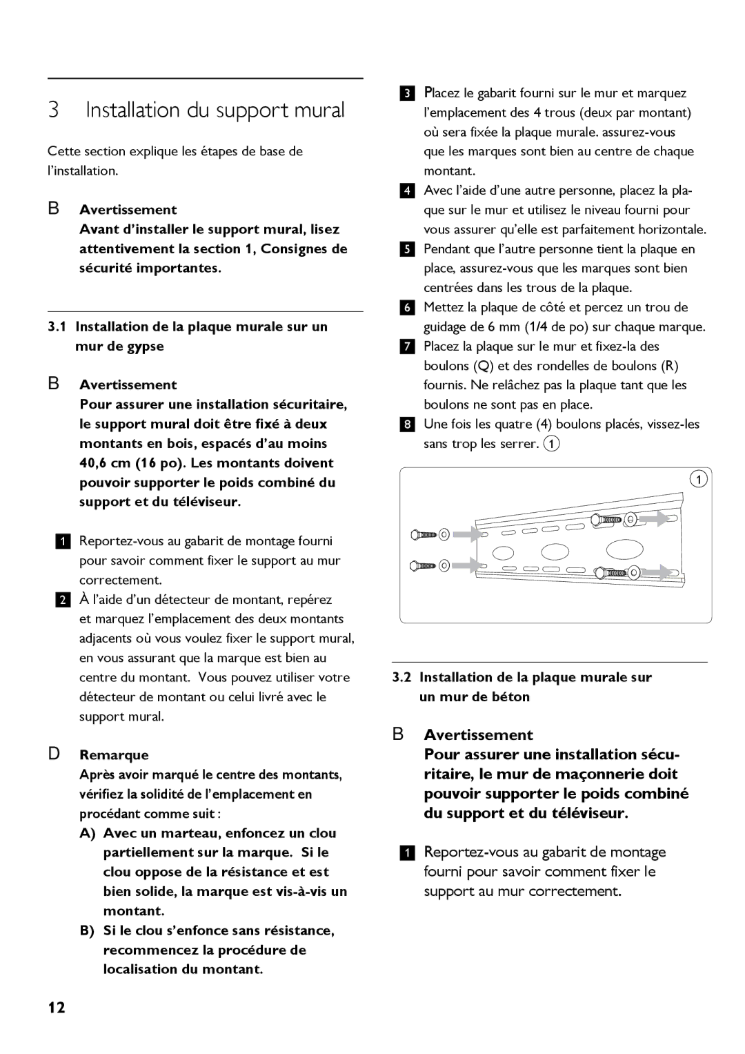 Philips SQM5312/27 manual Installation du support mural 