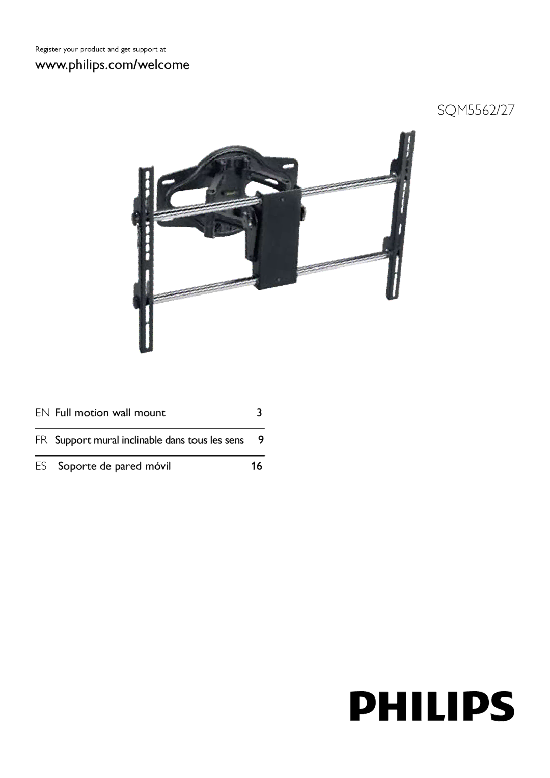 Philips SQM5562/27 manual Full motion wall mount, ES Soporte de pared móvil 