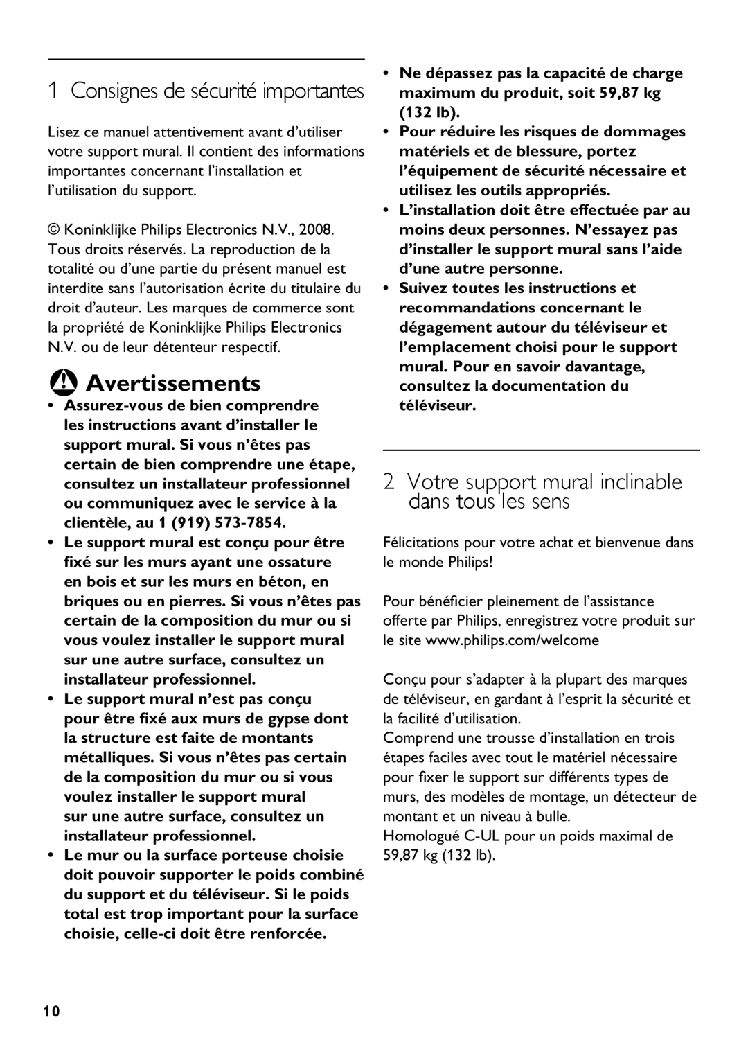 Philips SQM5562/27 manual Consignes de sécurité importantes, Homologué C-UL pour un poids maximal de 59,87 kg 132 lb 