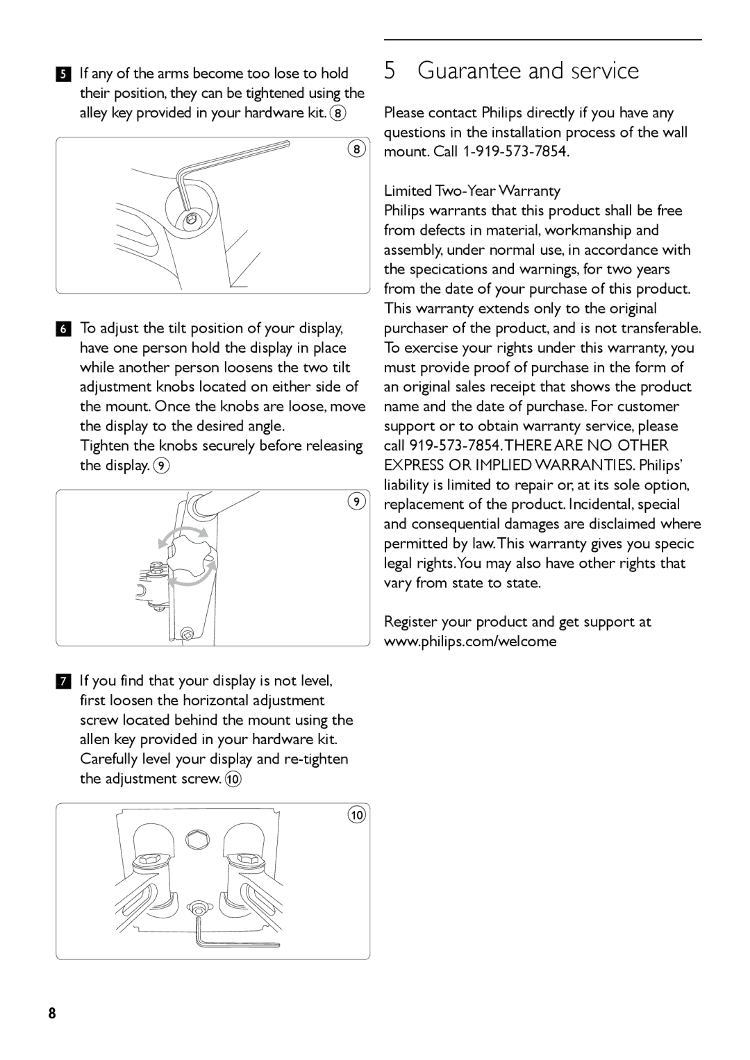Philips SQM5562/27 manual Guarantee and service, Tighten the knobs securely before releasing the display 