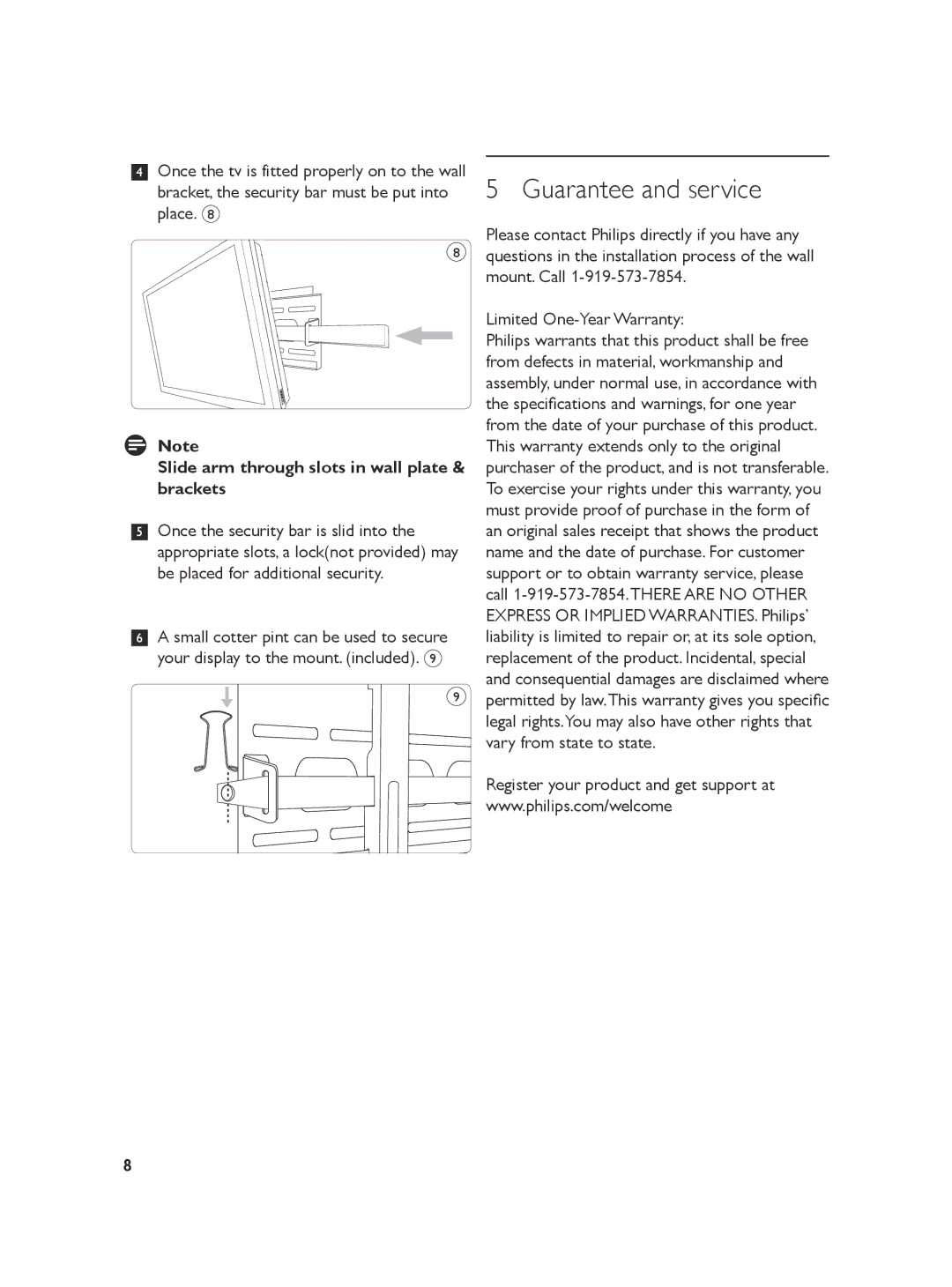 Philips SQM5822/27 manual Guarantee and service, Slide arm through slots in wall plate & brackets 