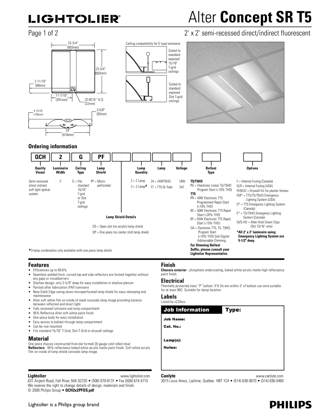 Philips SR T5 manual Ordering information, Features, Material, Finish, Electrical, Labels 