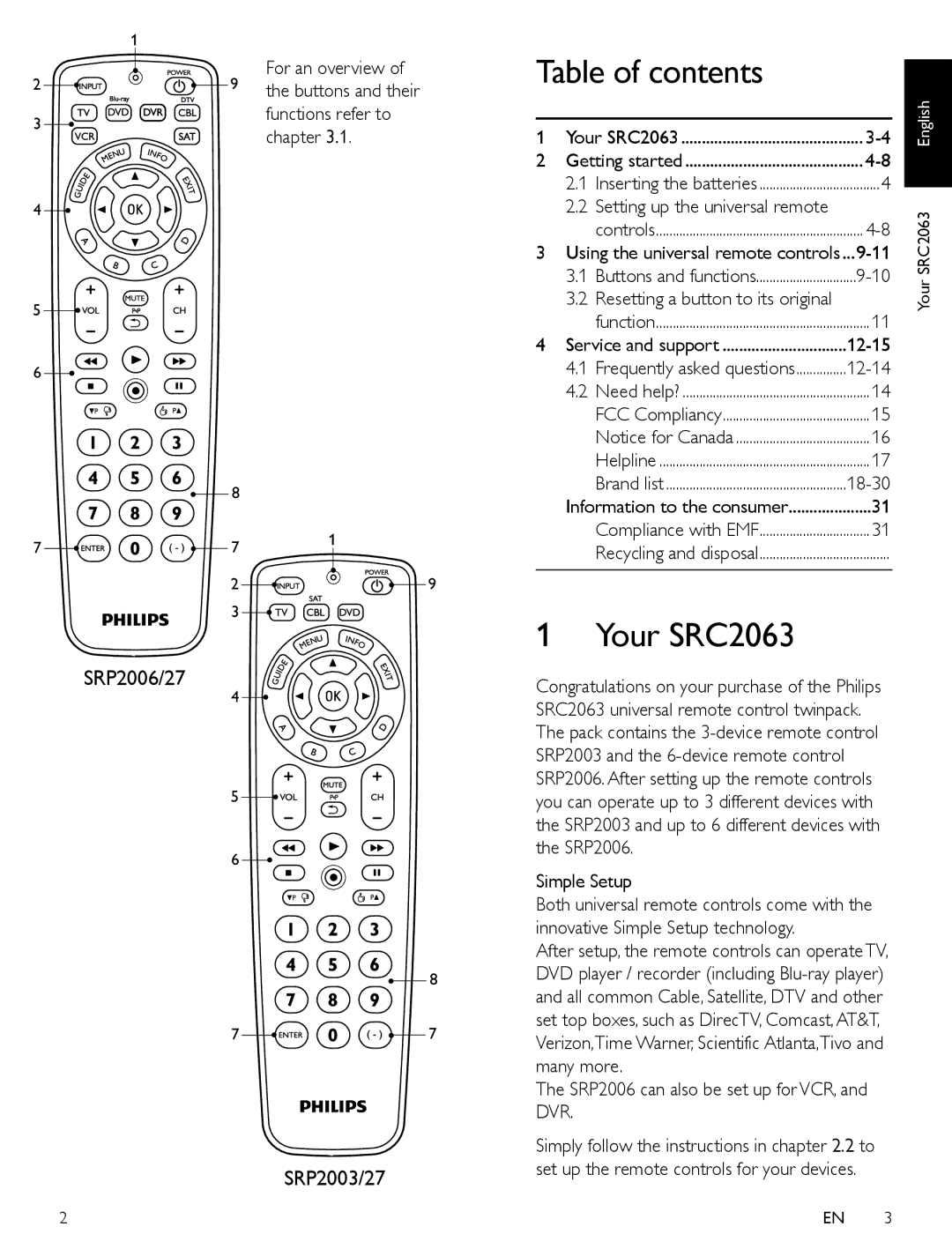 Philips SRC2063/27 manual Table of contents, Your SRC2063 