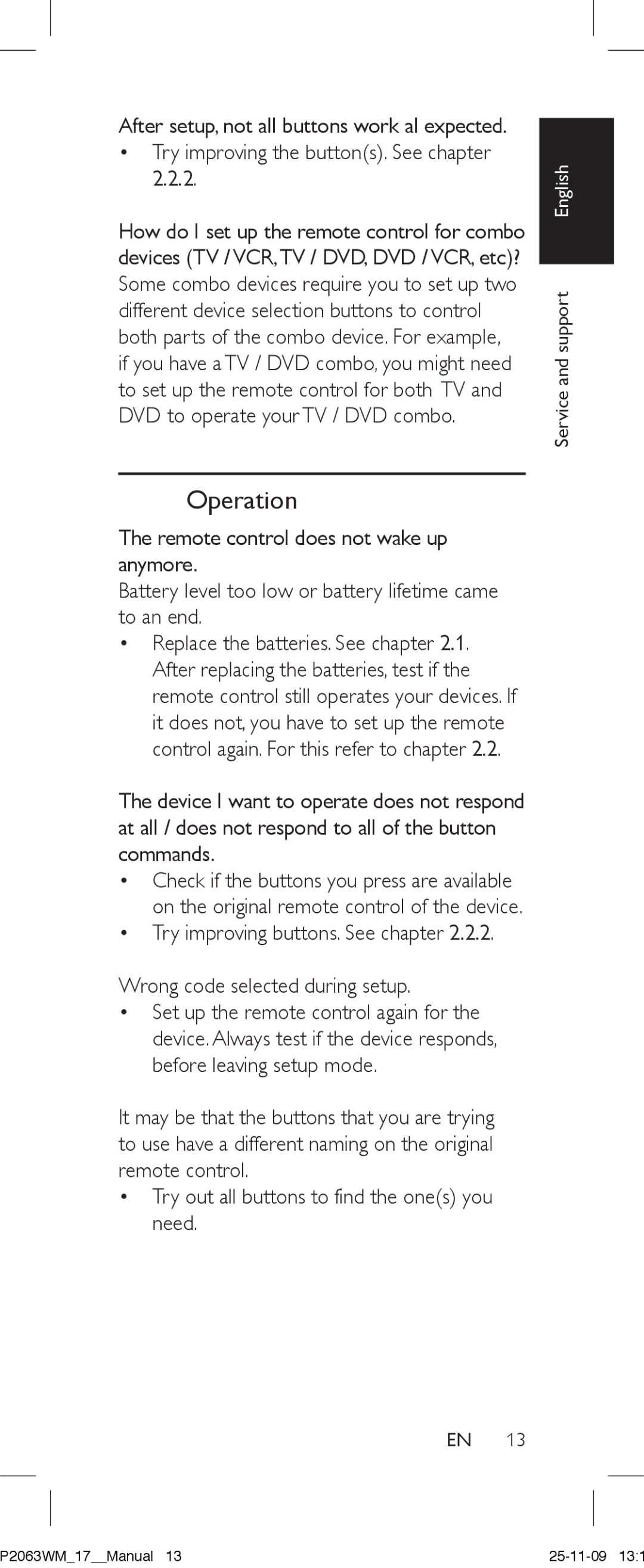 Philips SRC2063WM/17 manual Operation, Wrong code selected during setup 