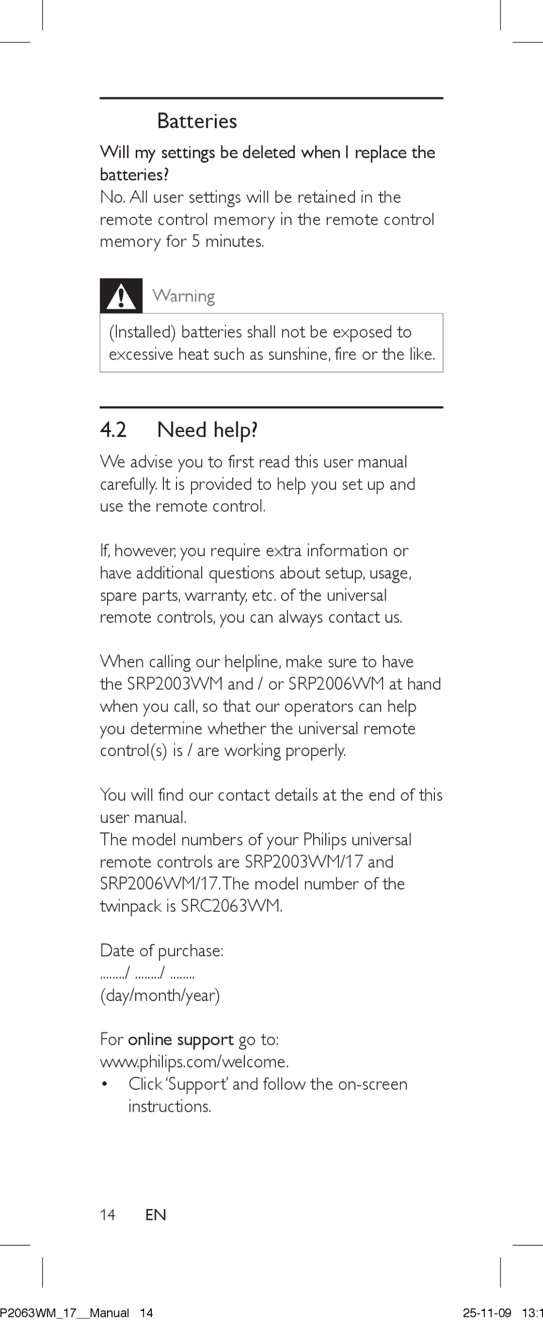 Philips SRC2063WM/17 manual Batteries, Need help? 