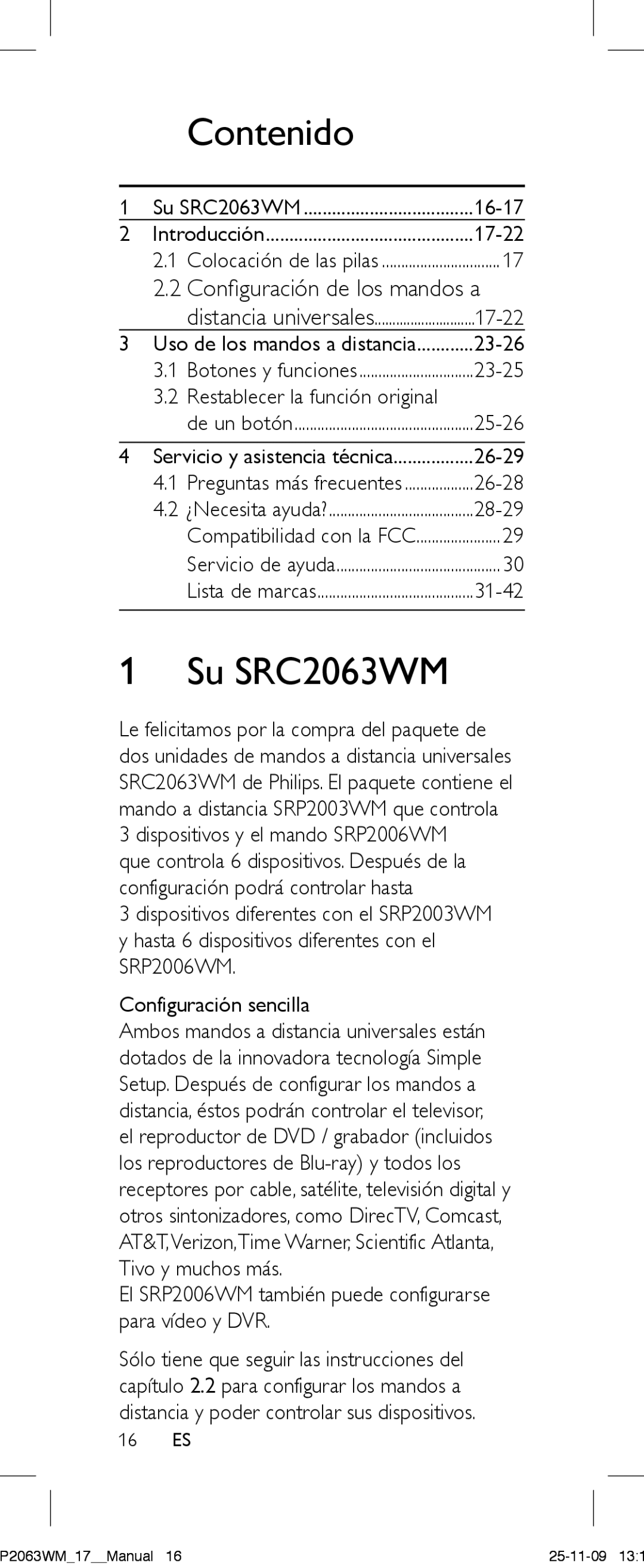 Philips SRC2063WM/17 manual Contenido, Su SRC2063WM, El SRP2006WM también puede configurarse para vídeo y DVR 