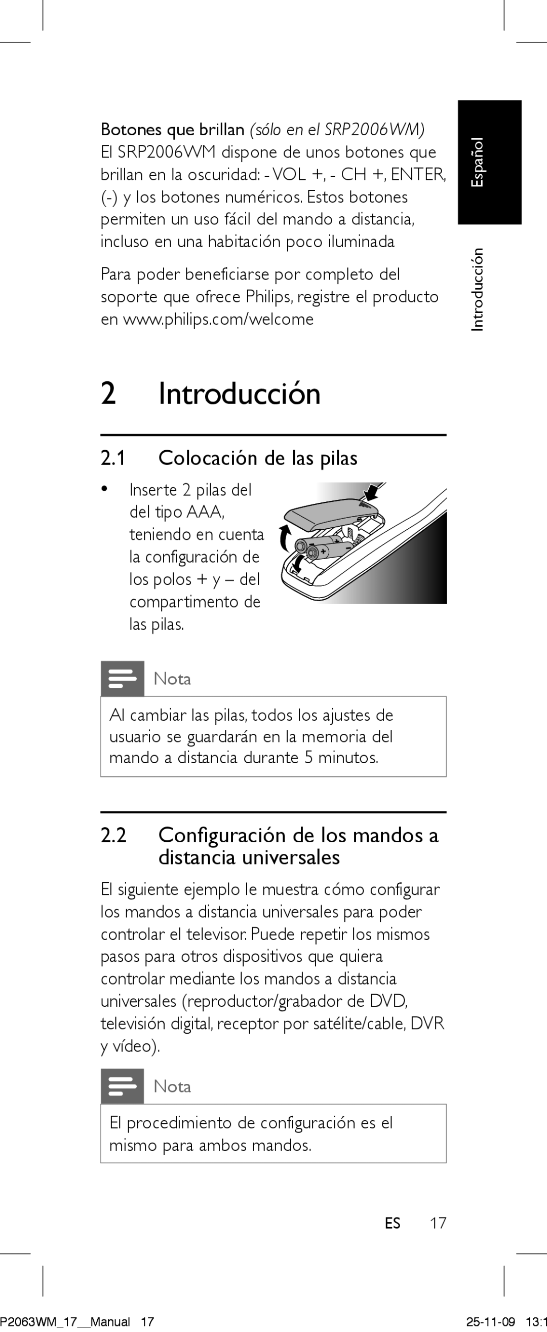 Philips SRC2063WM/17 manual Introducción, Colocación de las pilas 