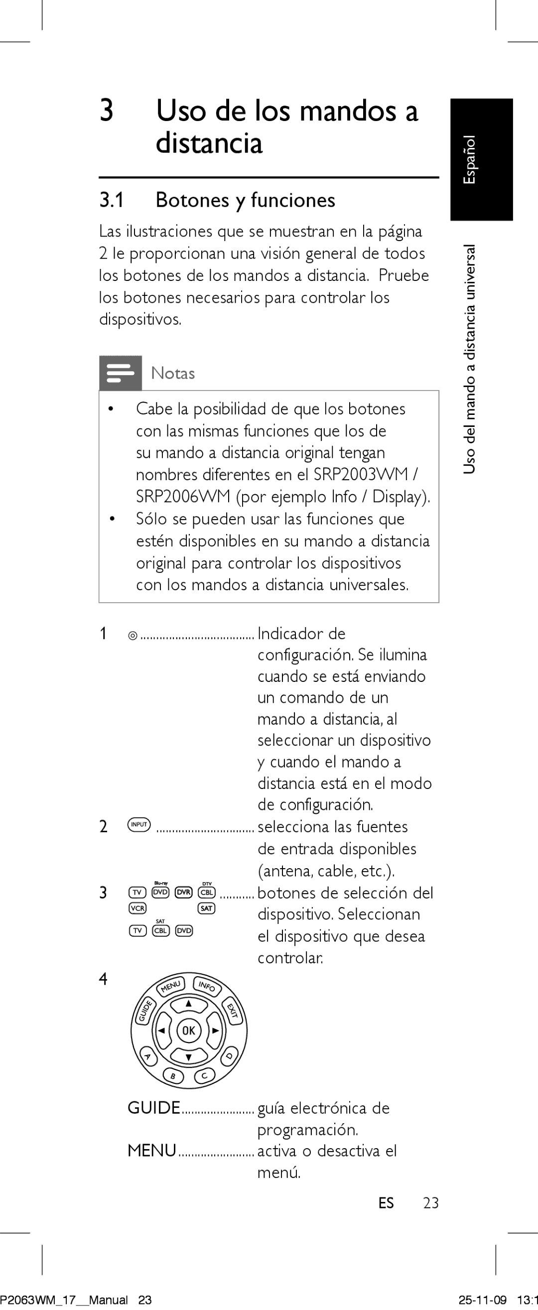 Philips SRC2063WM/17 manual Botones y funciones 