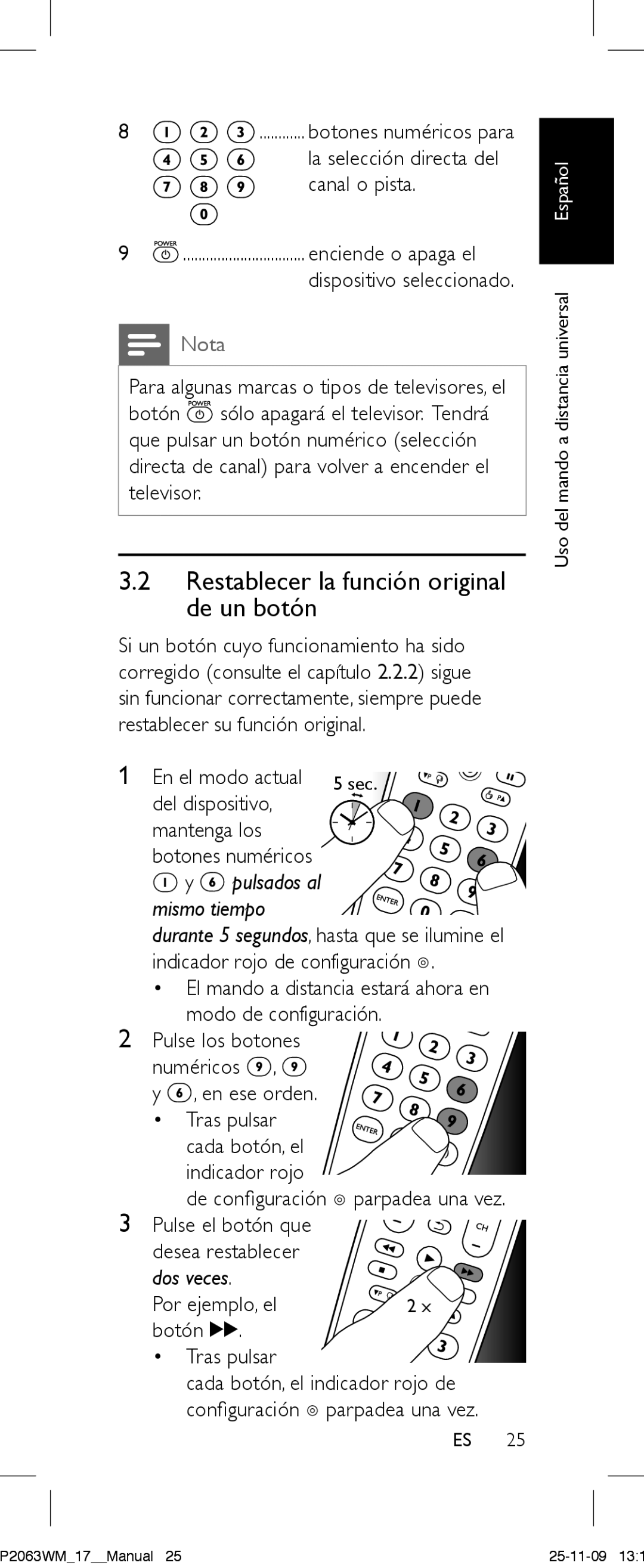 Philips SRC2063WM/17 manual Restablecer la función original de un botón, Dos veces 