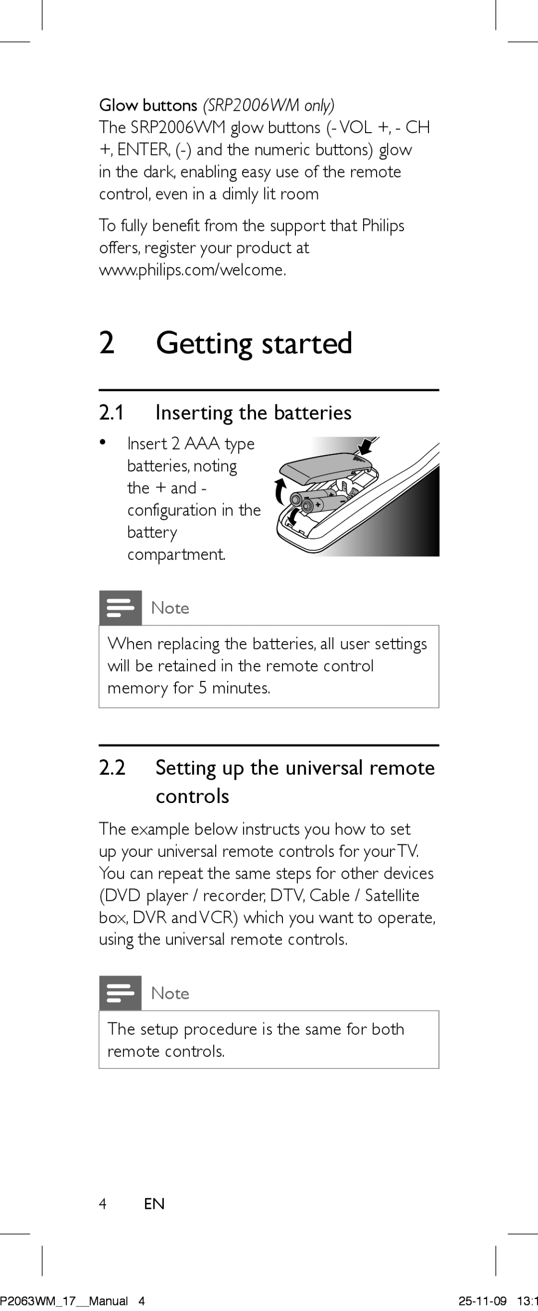 Philips SRC2063WM/17 manual Getting started, Inserting the batteries, Setting up the universal remote controls 