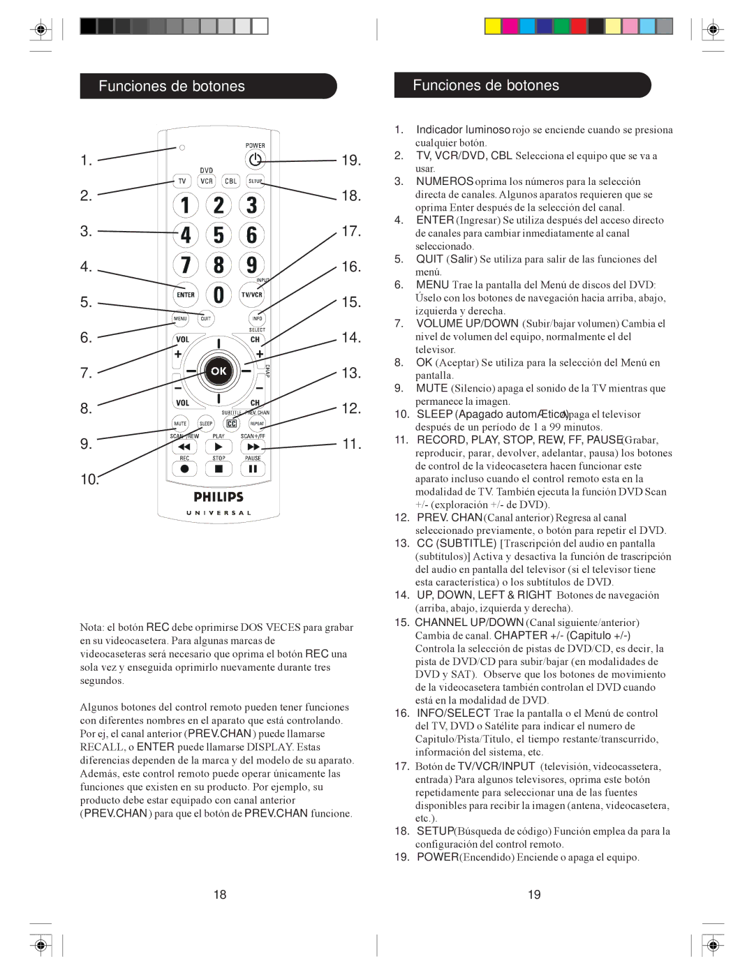 Philips SRC3036/27 user manual Funciones de botones 