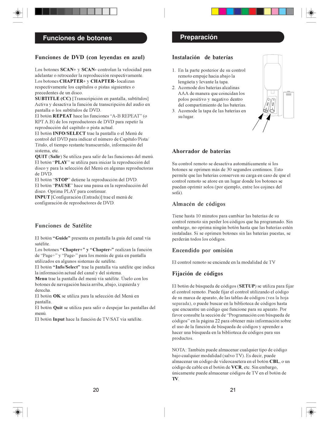 Philips SRC3036/27 Preparación, Funciones de DVD con leyendas en azul, Instalación de baterías, Ahorrador de baterías 