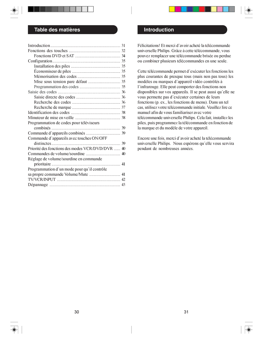 Philips SRC3036/27 user manual Table des matières, Programmation des codes Saisie des codes 