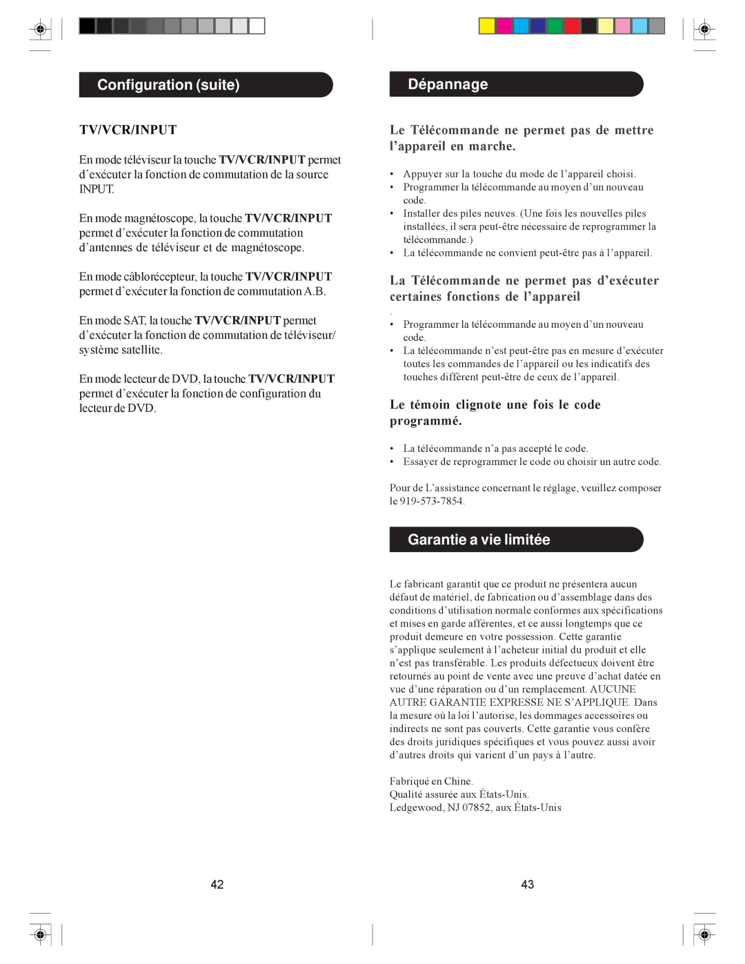 Philips SRC3036/27 user manual Dépannage, Garantie a vie limitée, Le témoin clignote une fois le code programmé 