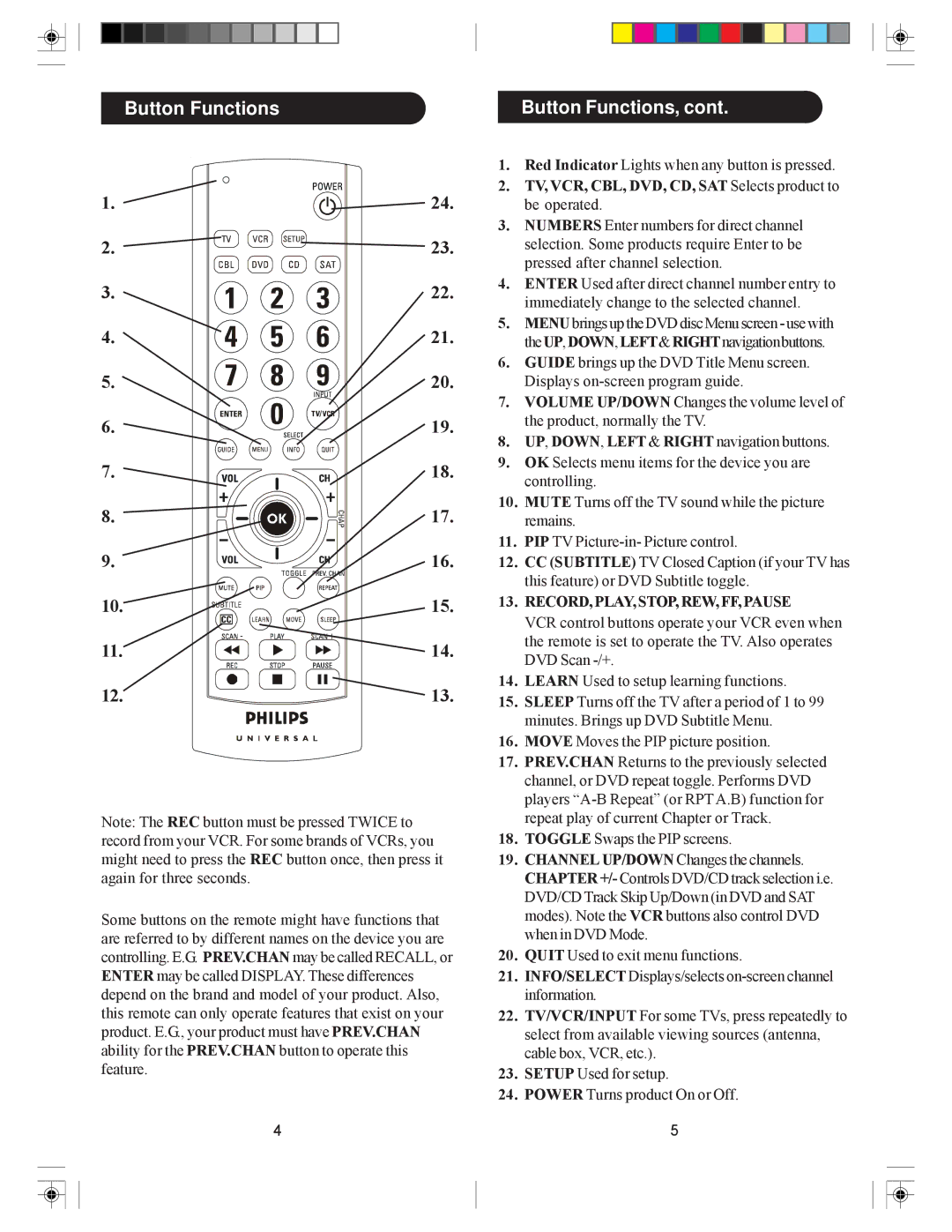 Philips SRC3036/27 user manual TV, VCR, CBL, DVD, CD, SAT Selects product to 