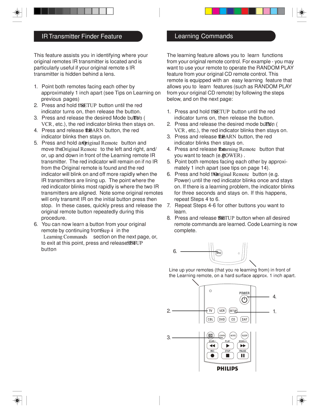 Philips SRC3036/27 user manual IR Transmitter Finder Feature Learning Commands 