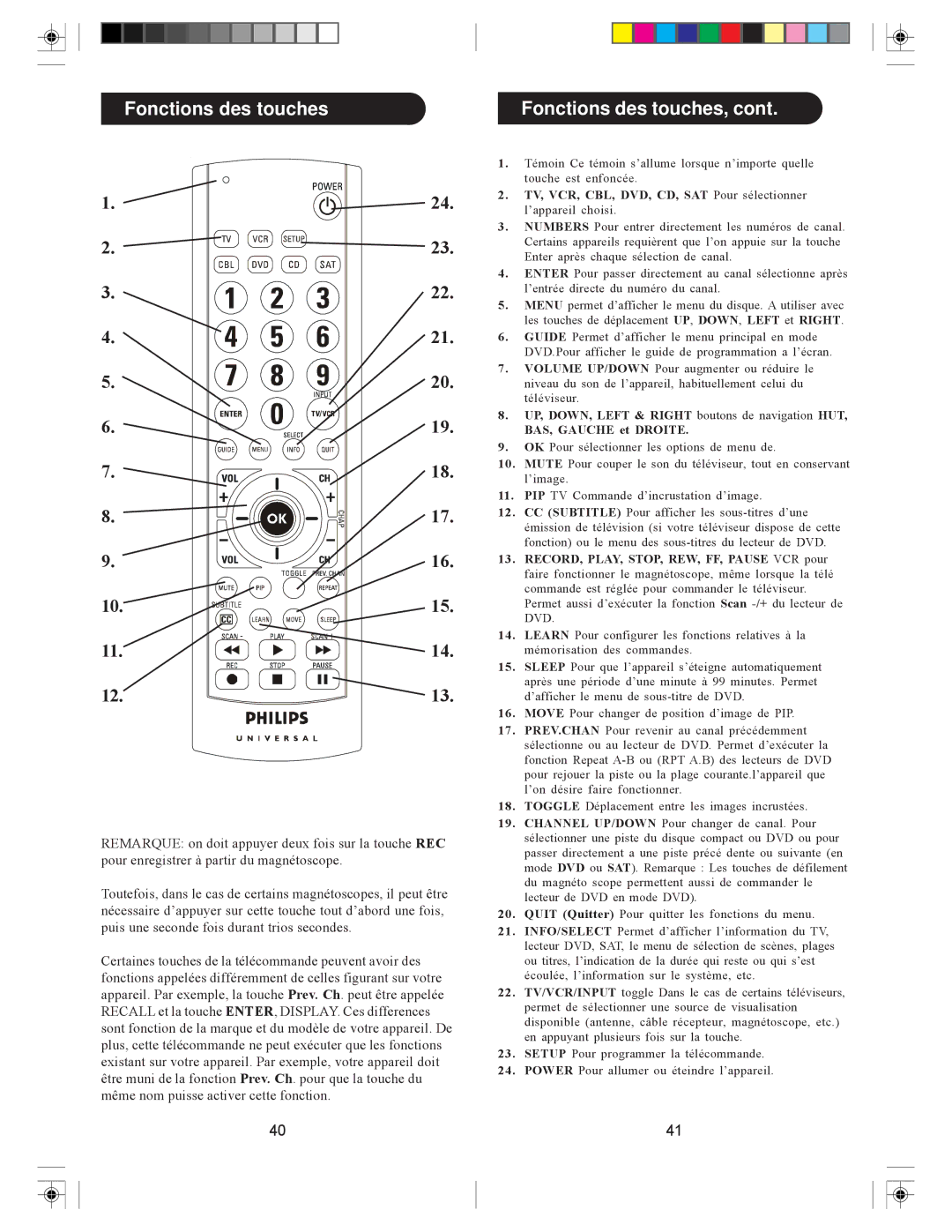 Philips SRC3036/27 user manual Remarque on doit appuyer deux fois sur la touche REC 