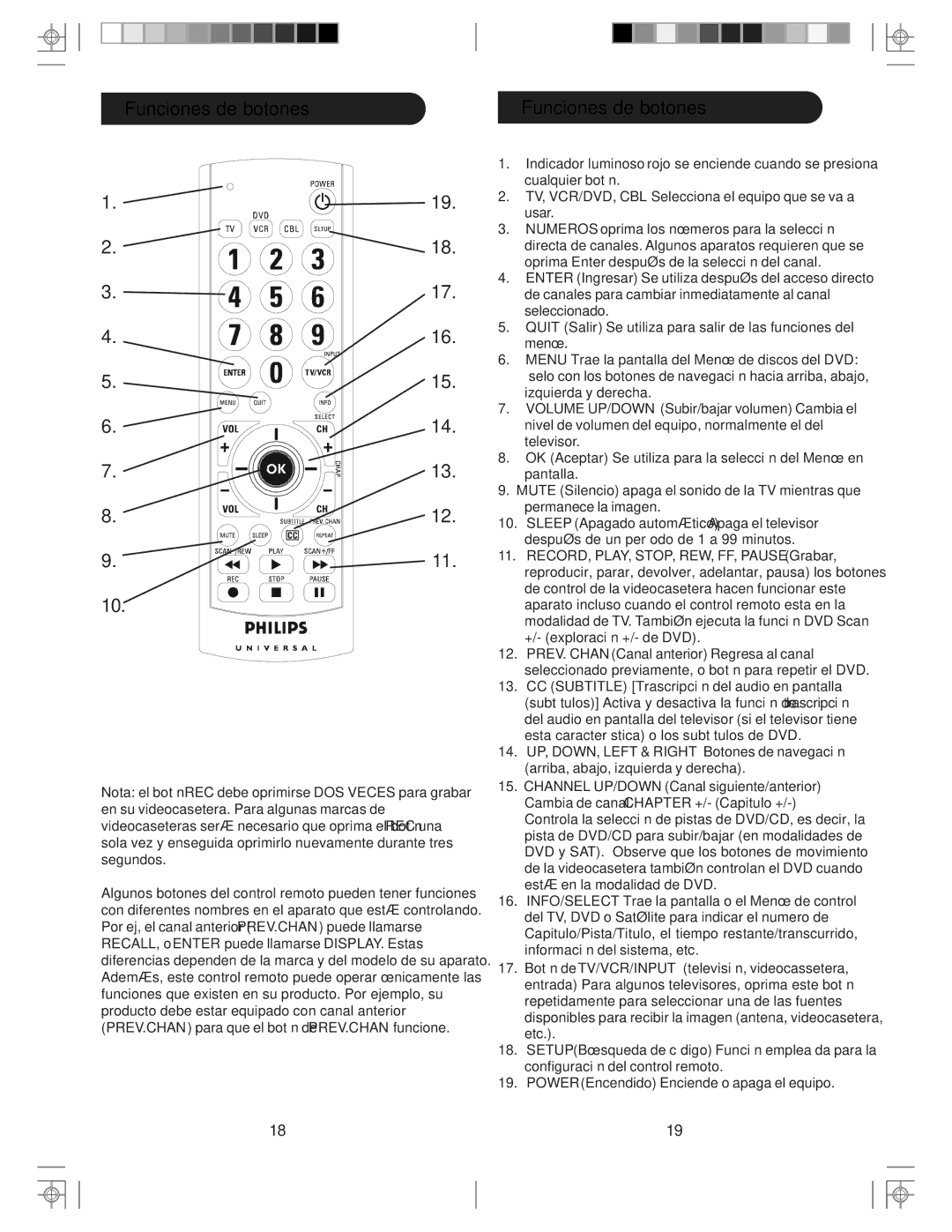 Philips src3036wm/17 manual Funciones de botones 