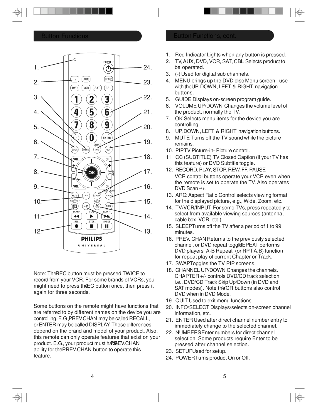 Philips src3036wm/17 manual TV, AUX, DVD, VCR, SAT, CBL Selects product to 