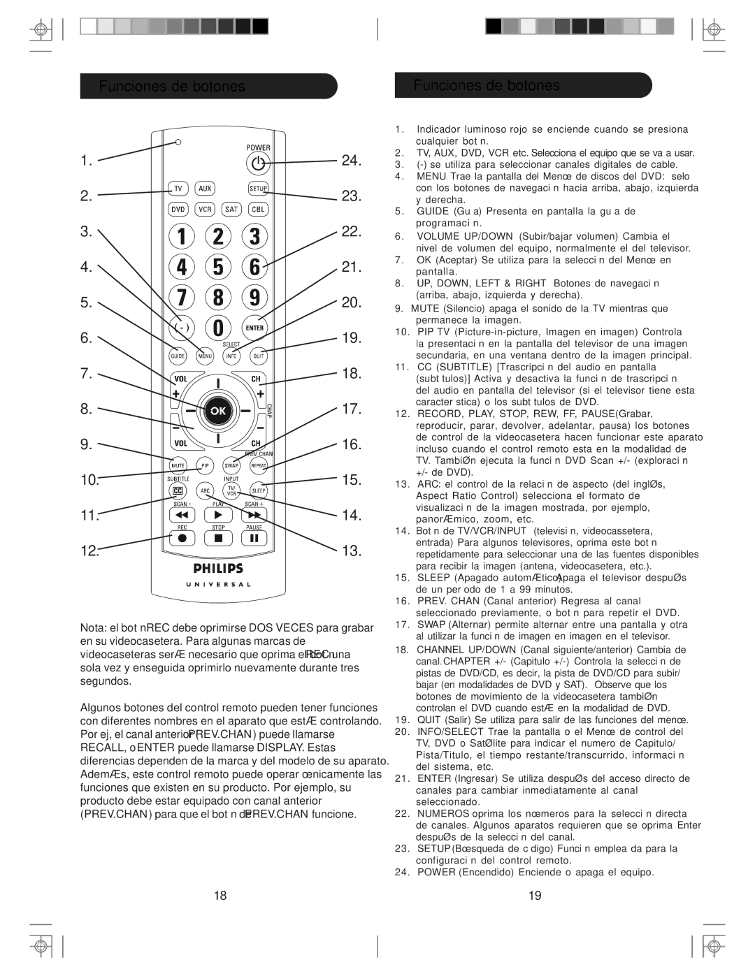 Philips src3036wm/17 manual Nota el botón REC debe oprimirse DOS Veces para grabar 