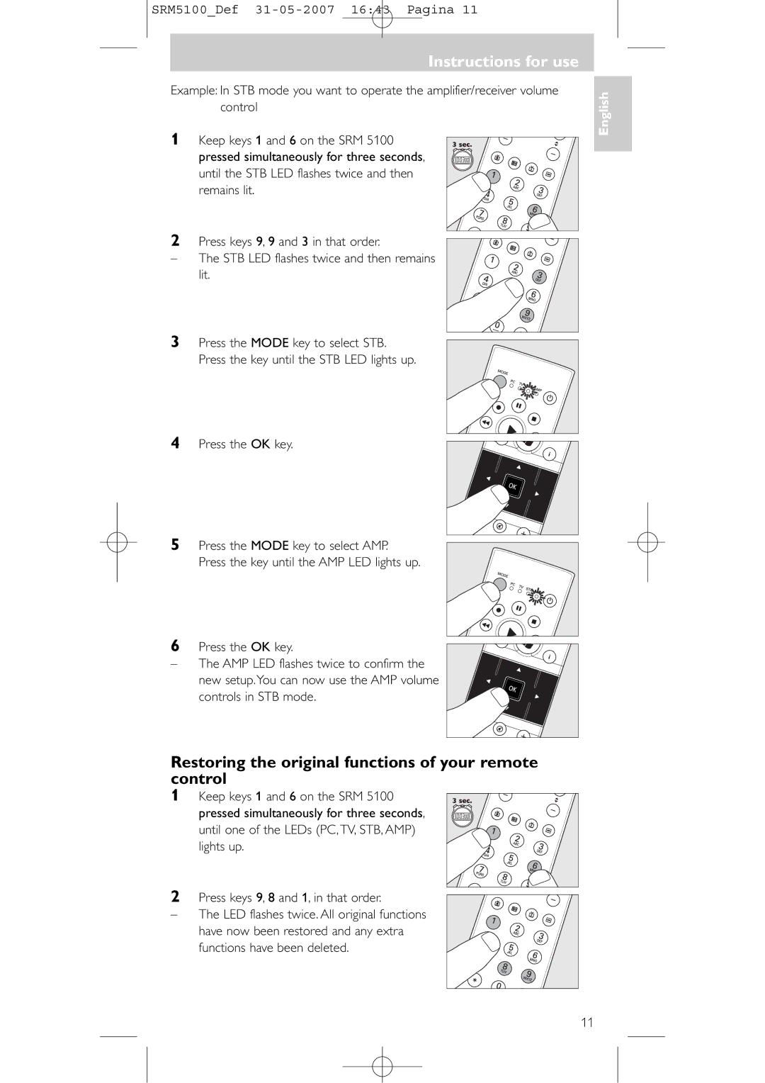 Philips SRM 5100 user manual Restoring the original functions of your remote control 