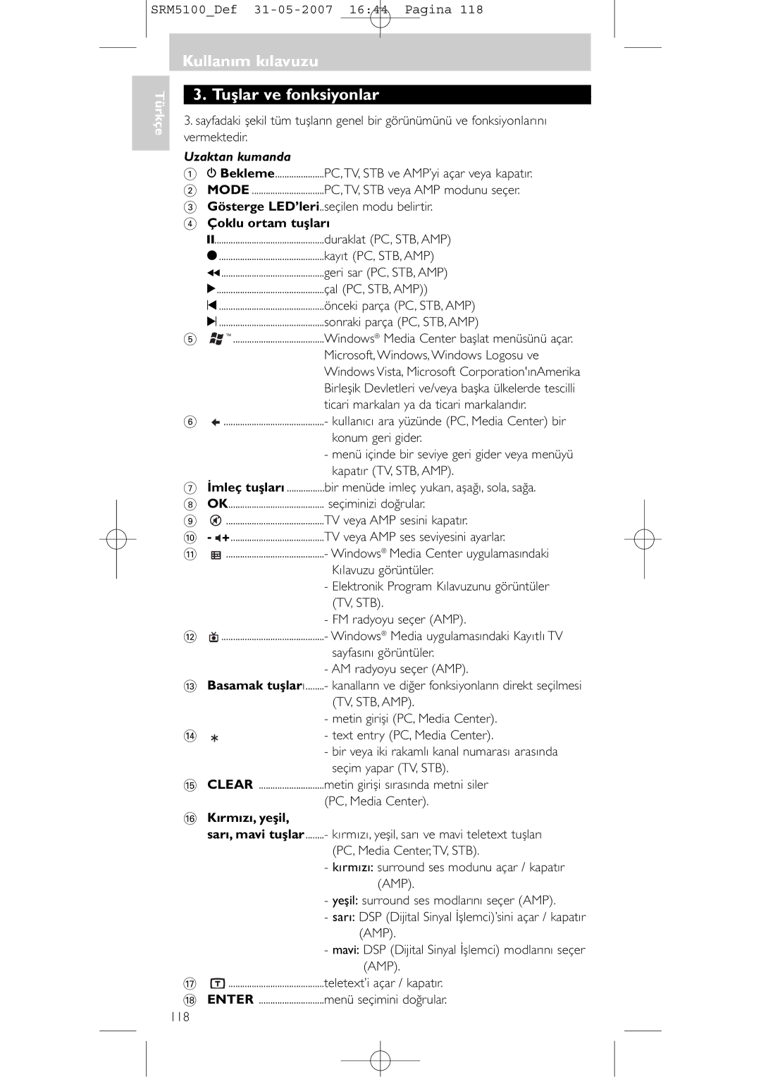 Philips SRM 5100 user manual Kullanım kılavuzu Tuşlar ve fonksiyonlar, Uzaktan kumanda, Çoklu ortam tuşları, Kırmızı, yeşil 